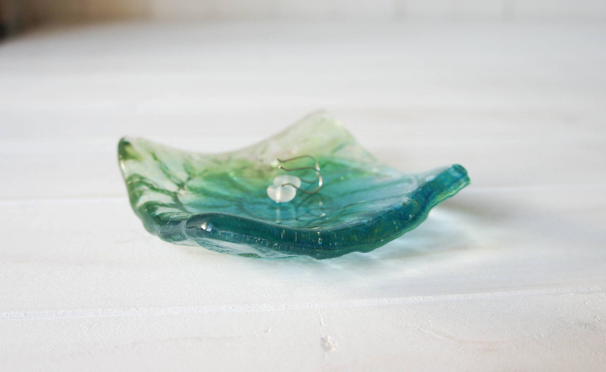 Ammonite Turquoise Blue handmade Ring Dish 10cm, fused glass trinket, ammonite ring dish, fossil handmade dish, teal dish, seabed dish, ring holder, turquoise dish, coastal dish