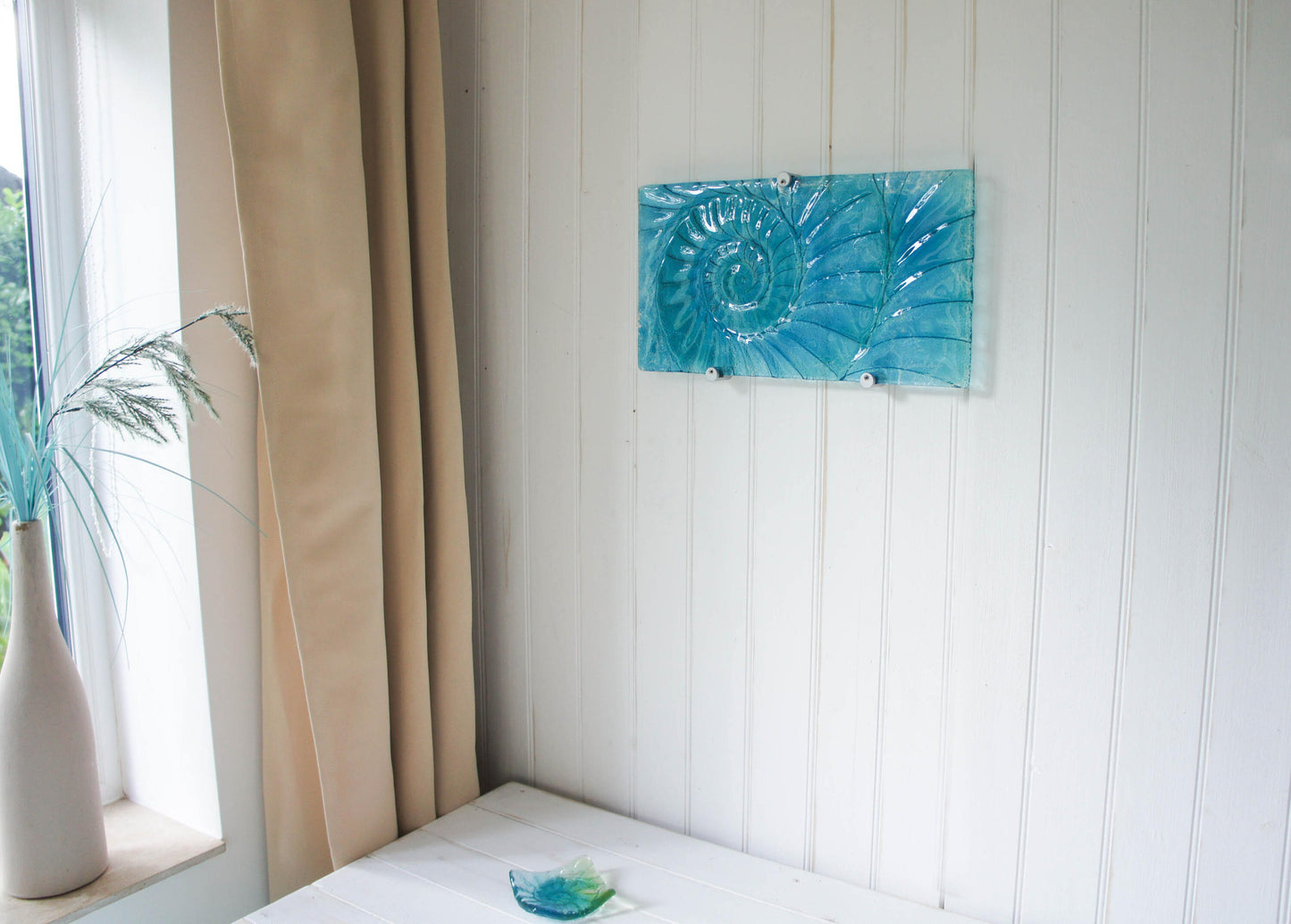 Ammonite Glass Art 42x22cm(16x9"), Turquoise Blue Swirl Landscape Ammonite Fused Glass Abstract Wall Art, Fossil Nautilus Seashell Panel Art