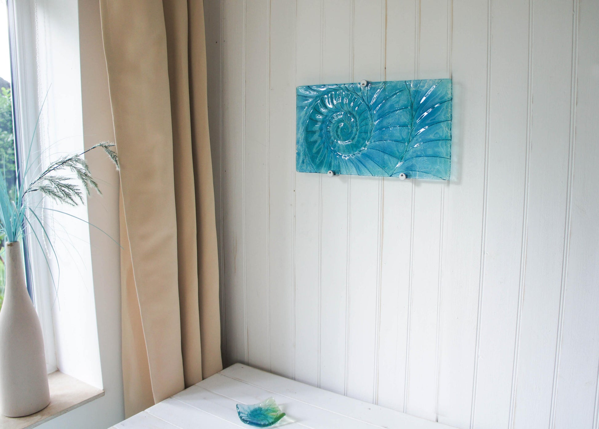 Ammonite Glass Art 42x22cm(16x9"), Turquoise Blue Swirl Landscape Ammonite Fused Glass Abstract Wall Art, Fossil Nautilus Seashell Panel Art