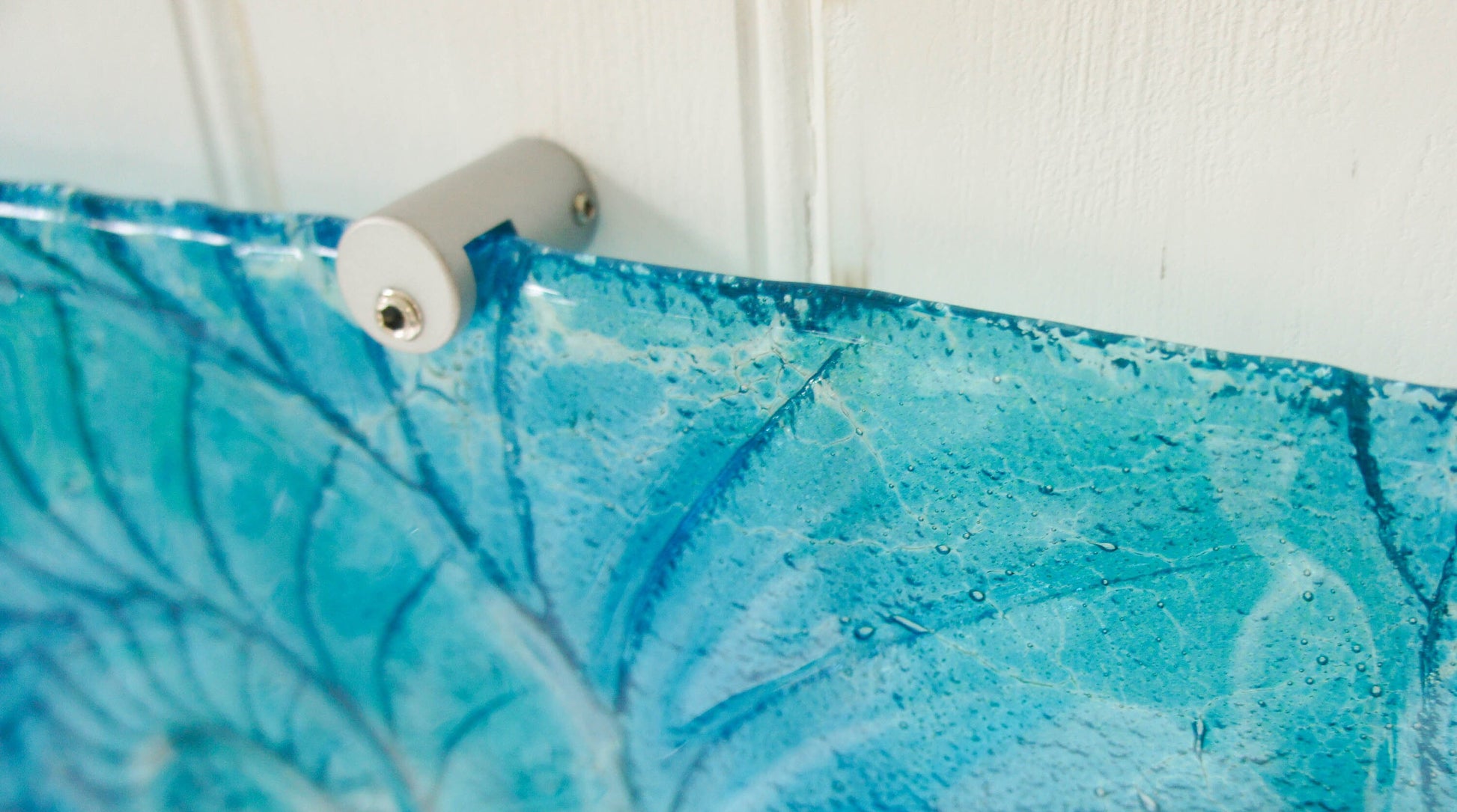 Ammonite Glass Art 42x22cm(16x9"), Turquoise Blue Swirl Landscape Ammonite Fused Glass Abstract Wall Art, Fossil Nautilus Seashell Panel Art