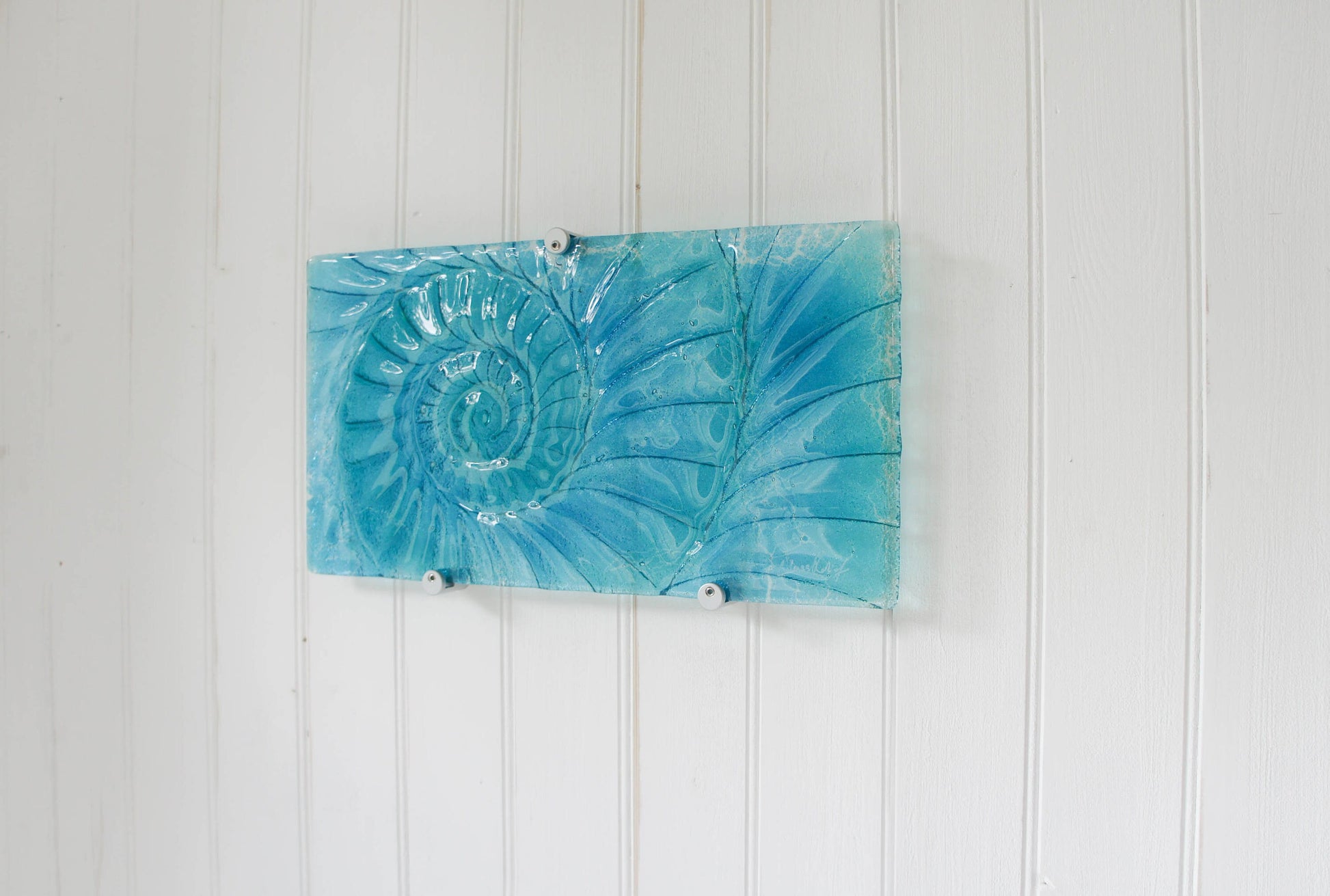Ammonite Glass Art 42x22cm(16x9"), Turquoise Blue Swirl Landscape Ammonite Fused Glass Abstract Wall Art, Fossil Nautilus Seashell Panel Art