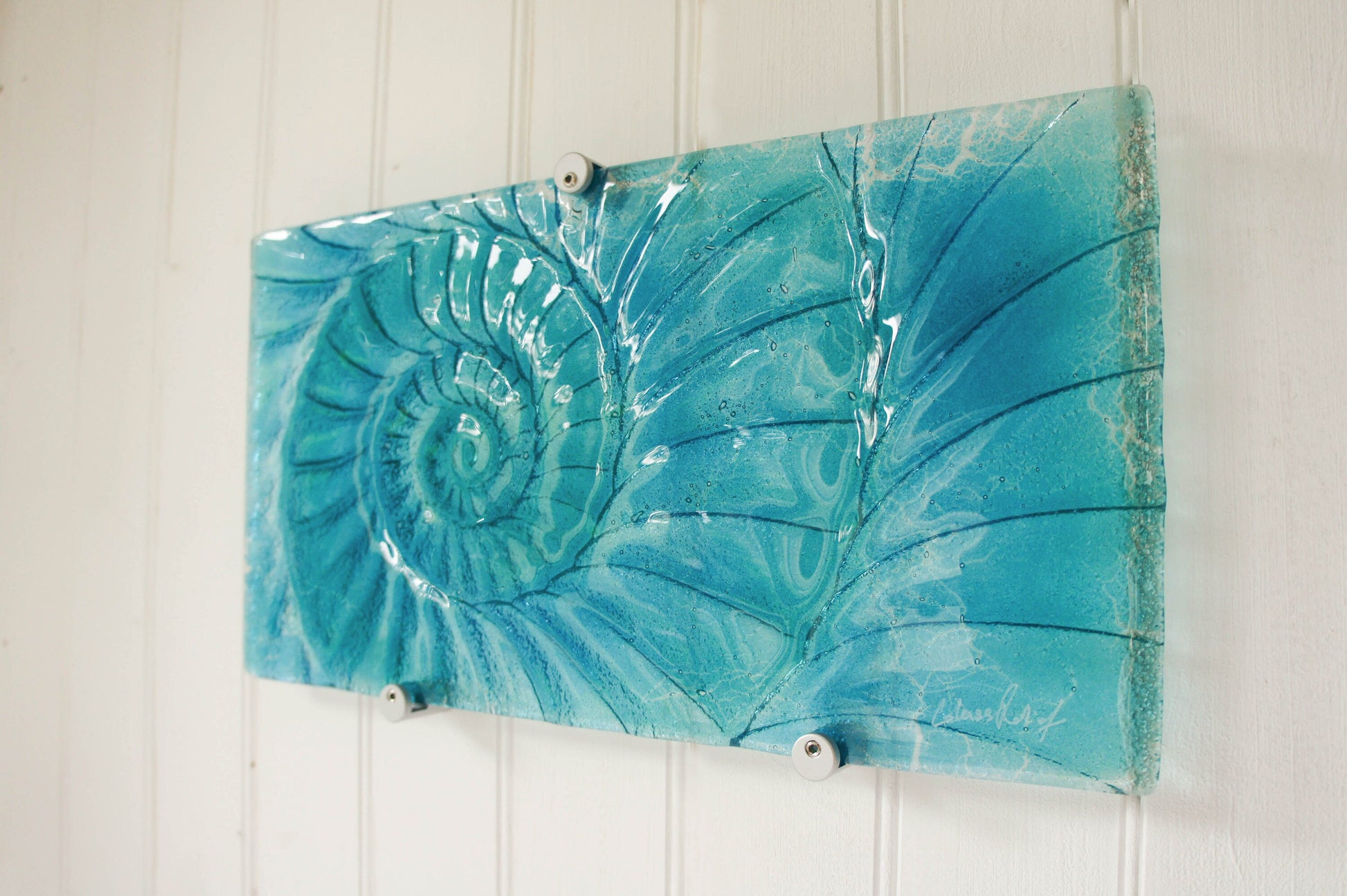 Ammonite Glass Art 42x22cm(16x9"), Turquoise Blue Swirl Landscape Ammonite Fused Glass Abstract Wall Art, Fossil Nautilus Seashell Panel Art