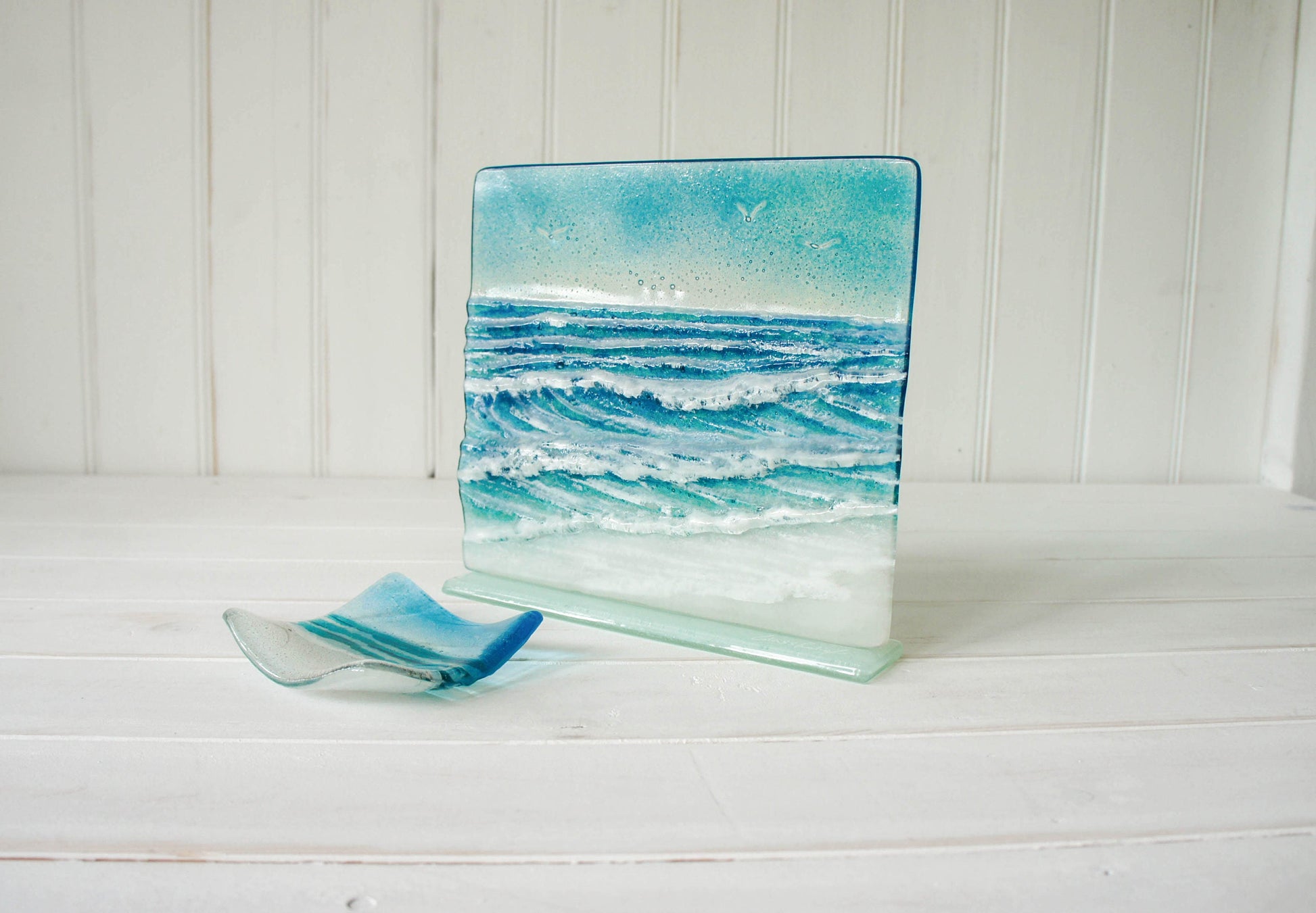 Square Wave Stand 22x20cm(8 1/2x7 3/4"), Wave Suncatcher, Teal Wave Freestanding Panel, Fused Glass Coastal Art, Wave Model 3