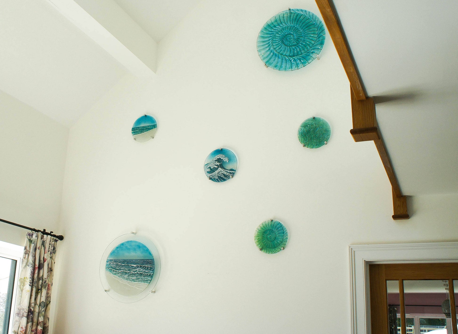 Round Ammonite Wall Art 29cm(11 1/2"), Blue Green Circle Ammonite Fused Glass Sculpture Wall Abstract Art, Fossil Nautilus Bathroom Decor