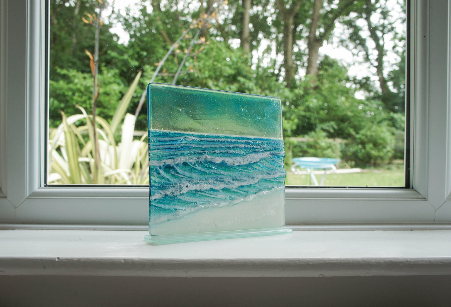 Square Wave Stand 22x20cm(8 1/2x7 3/4"), Wave Suncatcher, Teal Wave Freestanding Panel, Fused Glass Coastal Art, Wave Model 3