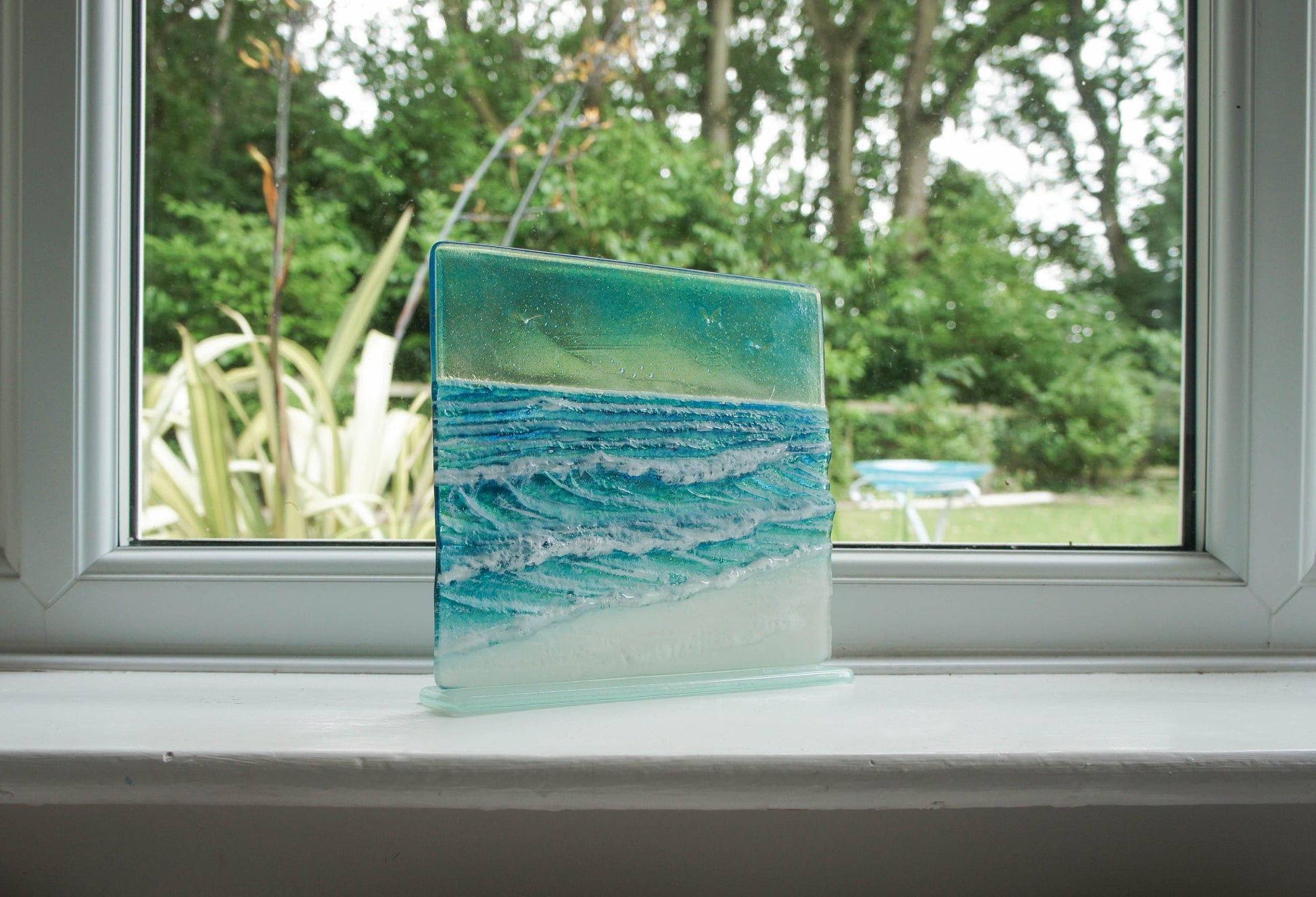 Square Wave Stand 22x20cm(8 1/2x7 3/4"), Wave Suncatcher, Teal Wave Freestanding Panel, Fused Glass Coastal Art, Wave Model 3