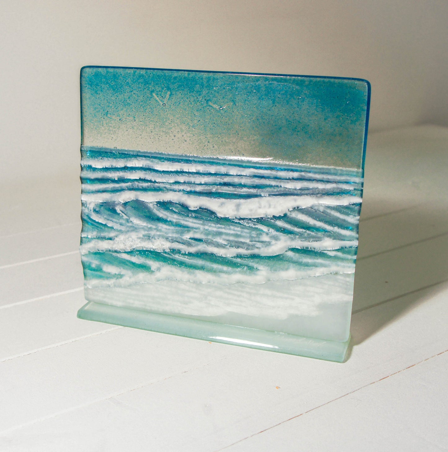 Square Wave Stand 22x20cm(8 1/2x7 3/4"), Wave Suncatcher, Teal Wave Freestanding Panel, Fused Glass Coastal Art, Wave Model 3