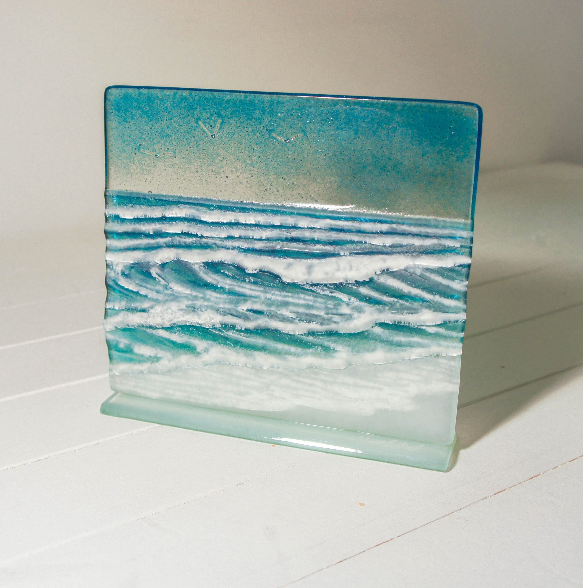 Square Wave Stand 22x20cm(8 1/2x7 3/4"), Wave Suncatcher, Teal Wave Freestanding Panel, Fused Glass Coastal Art, Wave Model 3