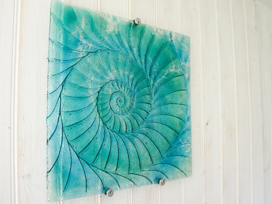 Large Square Ammonite Panel 40x40cm (16x16"),Turquoise/Blue Ammonite Glass Wall Panel, Fossil Nautilus Seashell Picture, abstract wall art