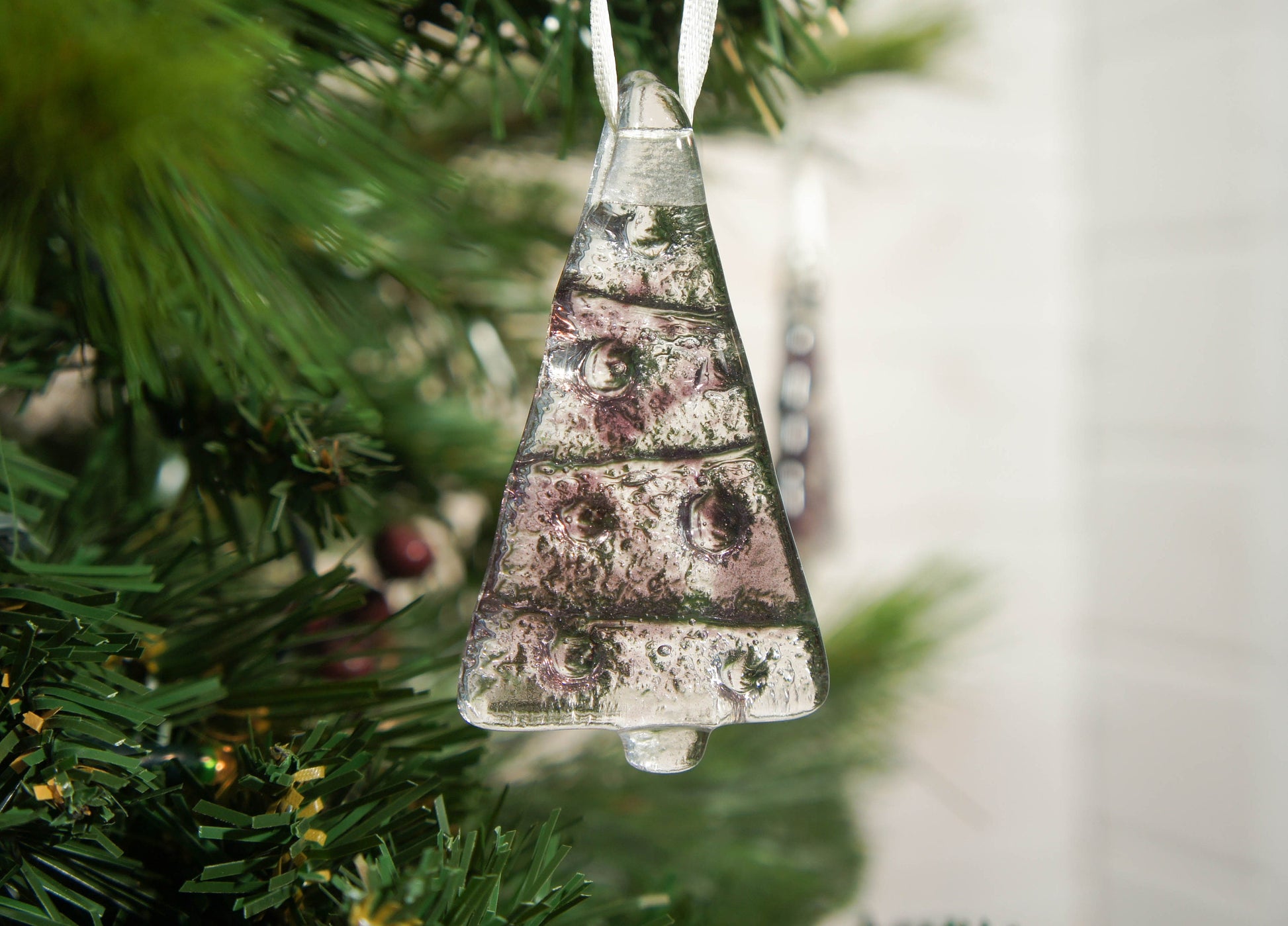 3 to 6 Mini purple fused glass hanging trees 8cm - 3", purple lilac violet seaglass Christmas tree decoration with ribbon and organza bags