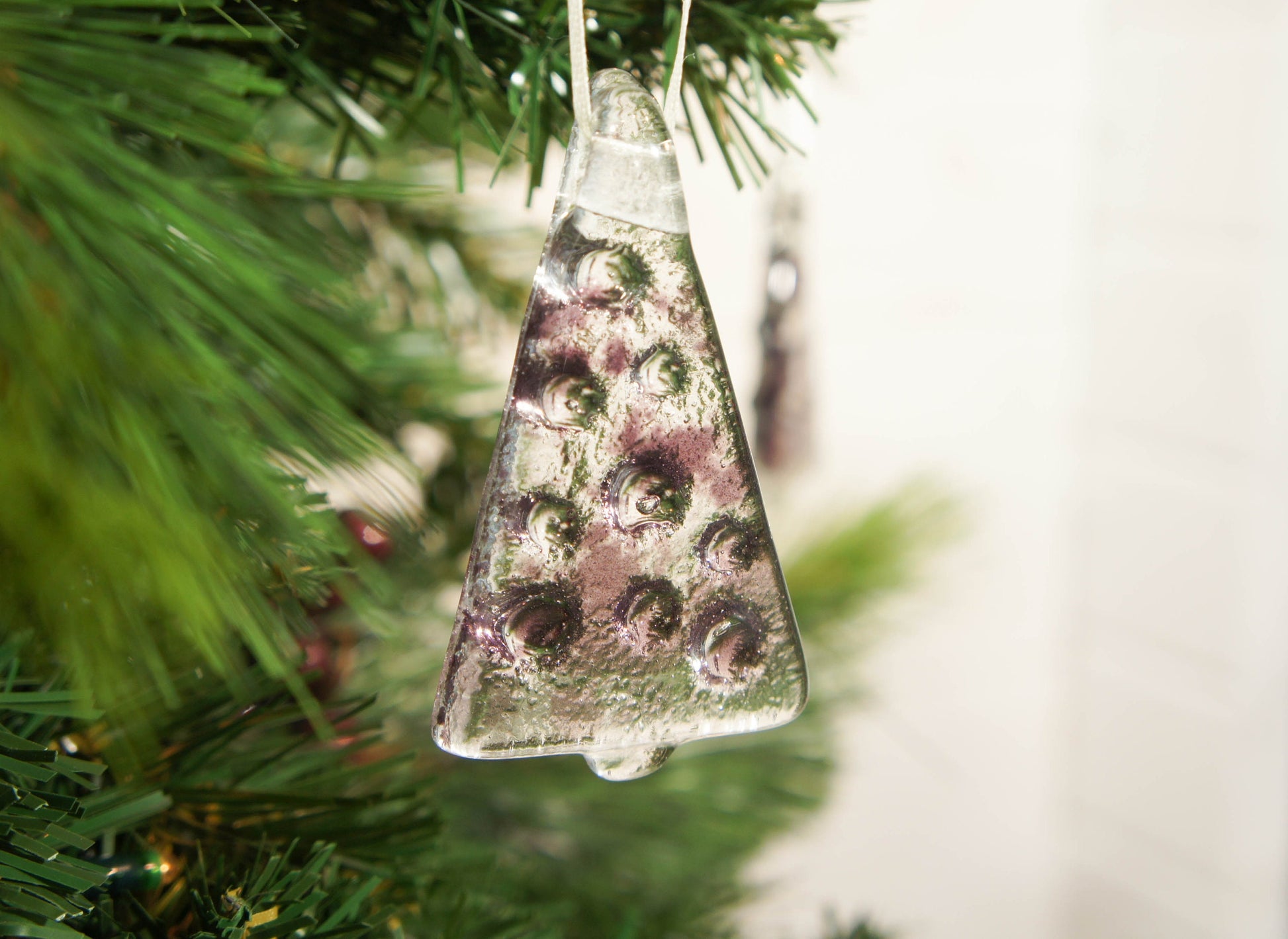 purple fused glass christmas decorations, glass christmas trees, glass christmas hanging decorations, glass christmas ornaments