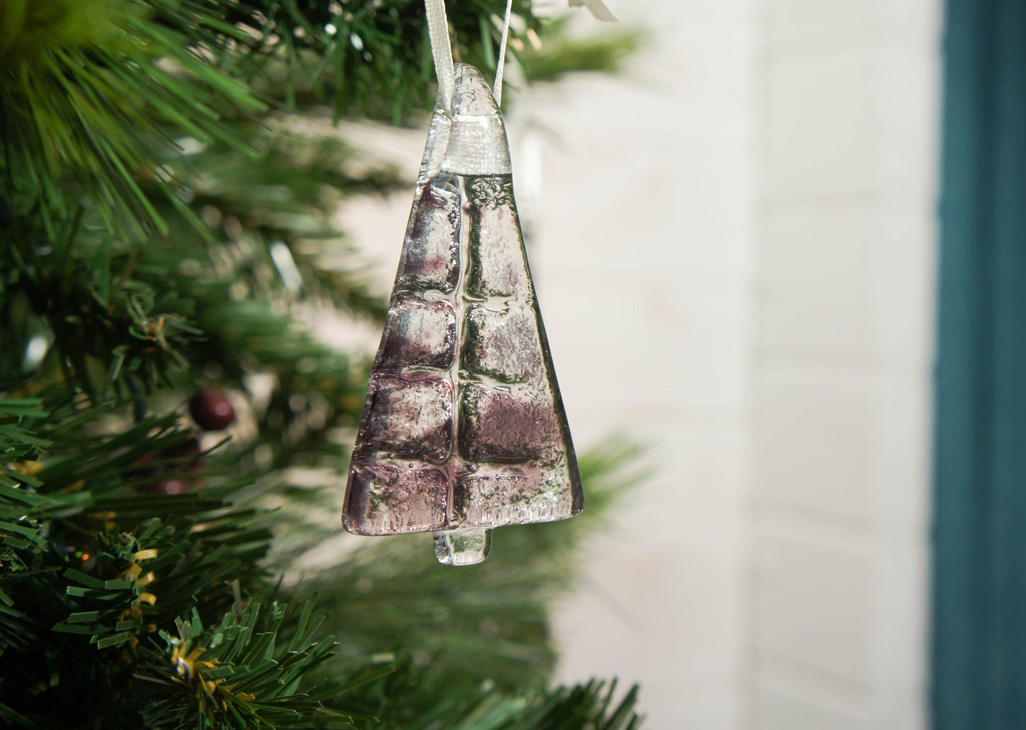 purple fused glass christmas decorations, glass christmas trees, glass christmas hanging decorations, glass christmas ornaments