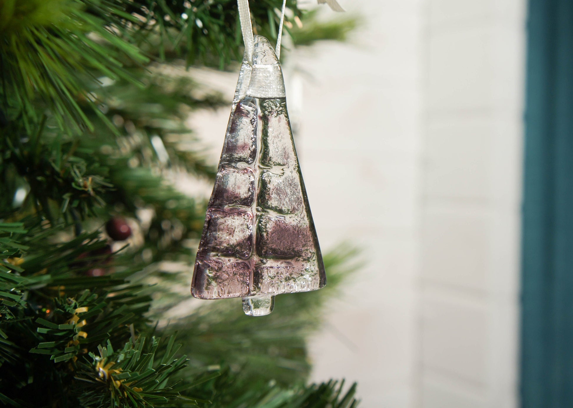 purple fused glass christmas decorations, glass christmas trees, glass christmas hanging decorations, glass christmas ornaments
