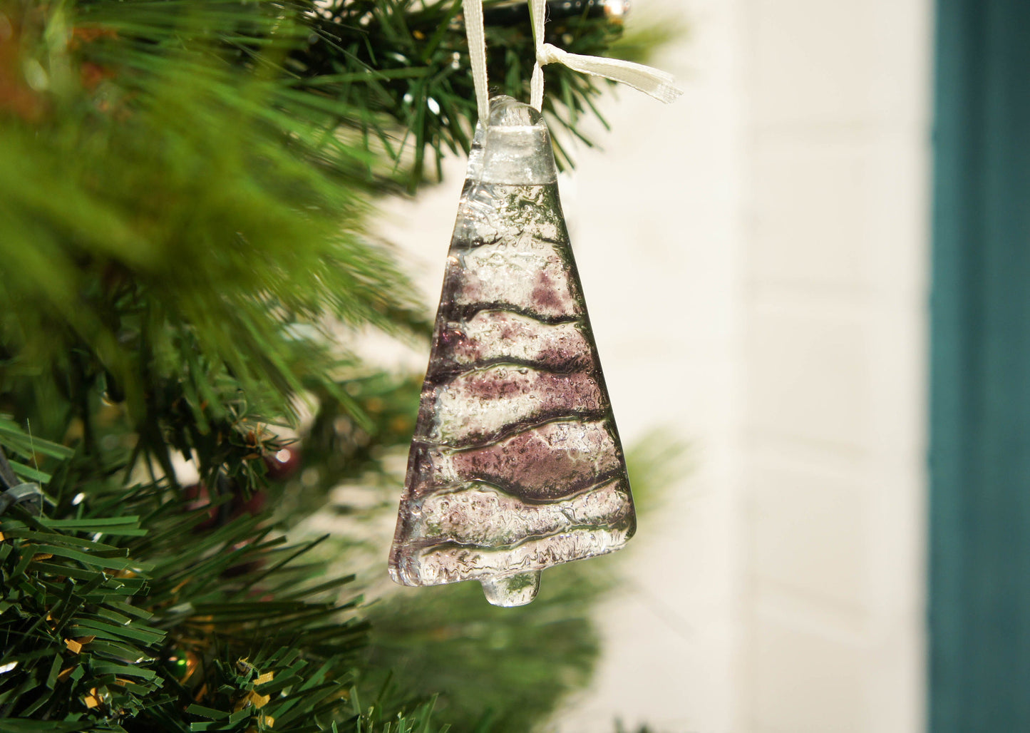 3 to 6 Mini purple fused glass hanging trees 8cm - 3", purple lilac violet seaglass Christmas tree decoration with ribbon and organza bags