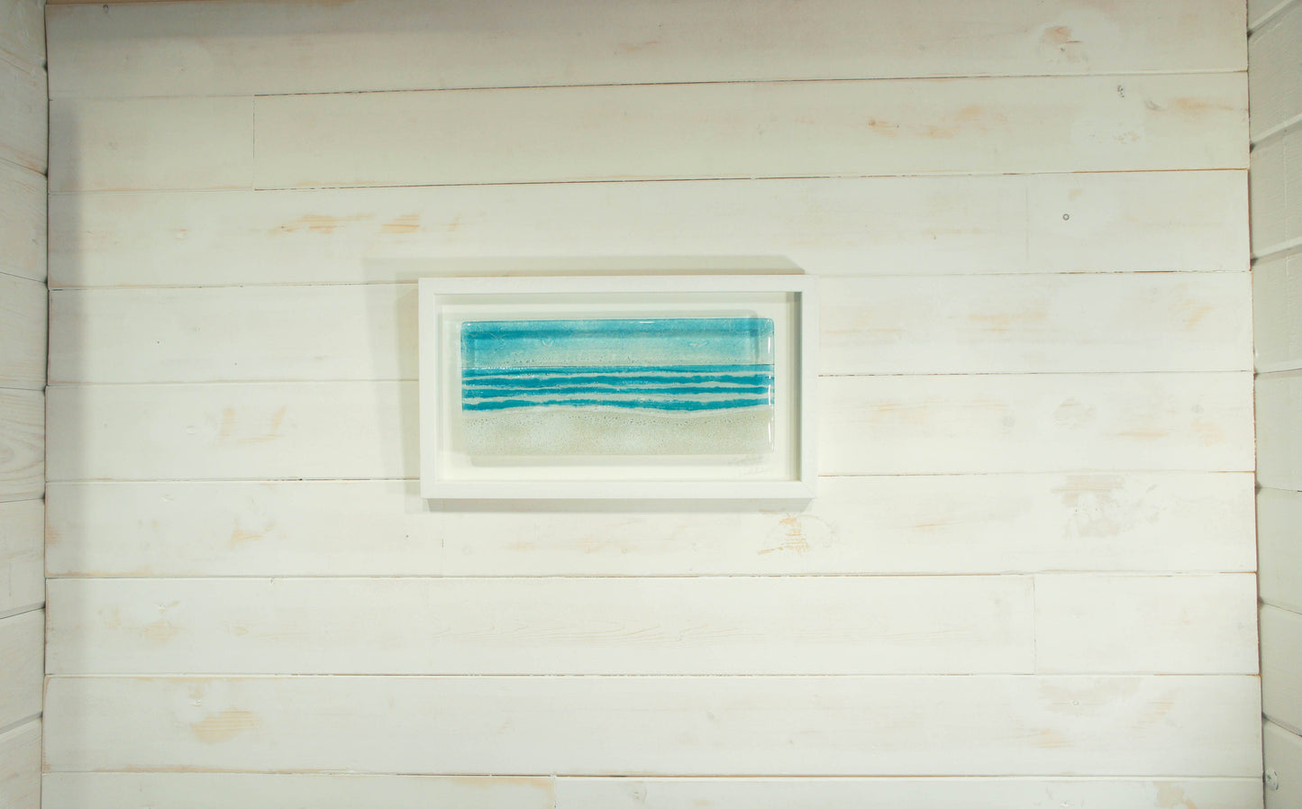 Large Landscape Beach Frame (45cmx25cm/18x10"), Panoramic Blue Beach Fused Glass Frame, Sea Glass Coastal Wall Art birds sky sand