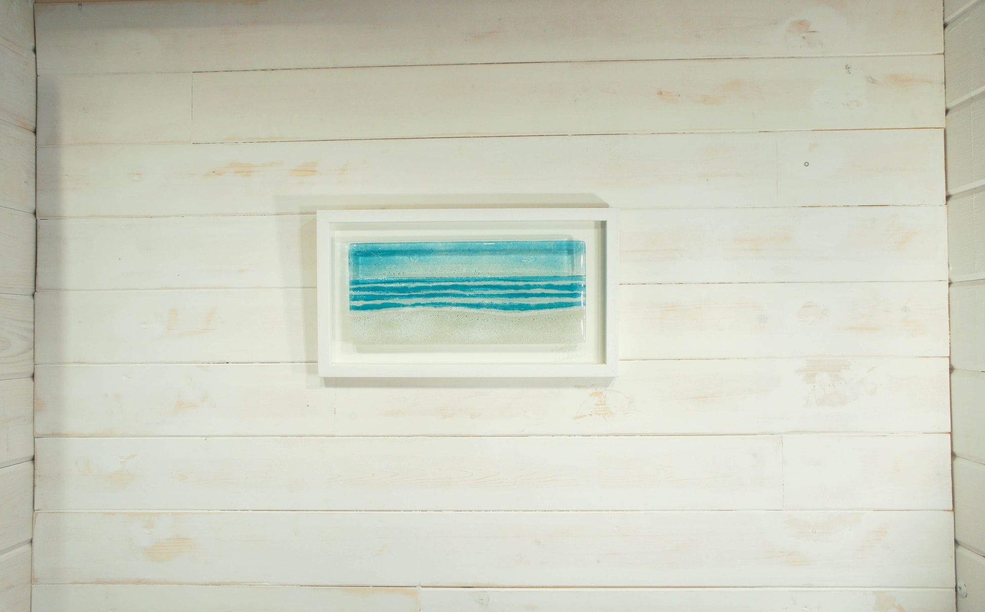 Large Landscape Beach Frame (45cmx25cm/18x10"), Panoramic Blue Beach Fused Glass Frame, Sea Glass Coastal Wall Art birds sky sand