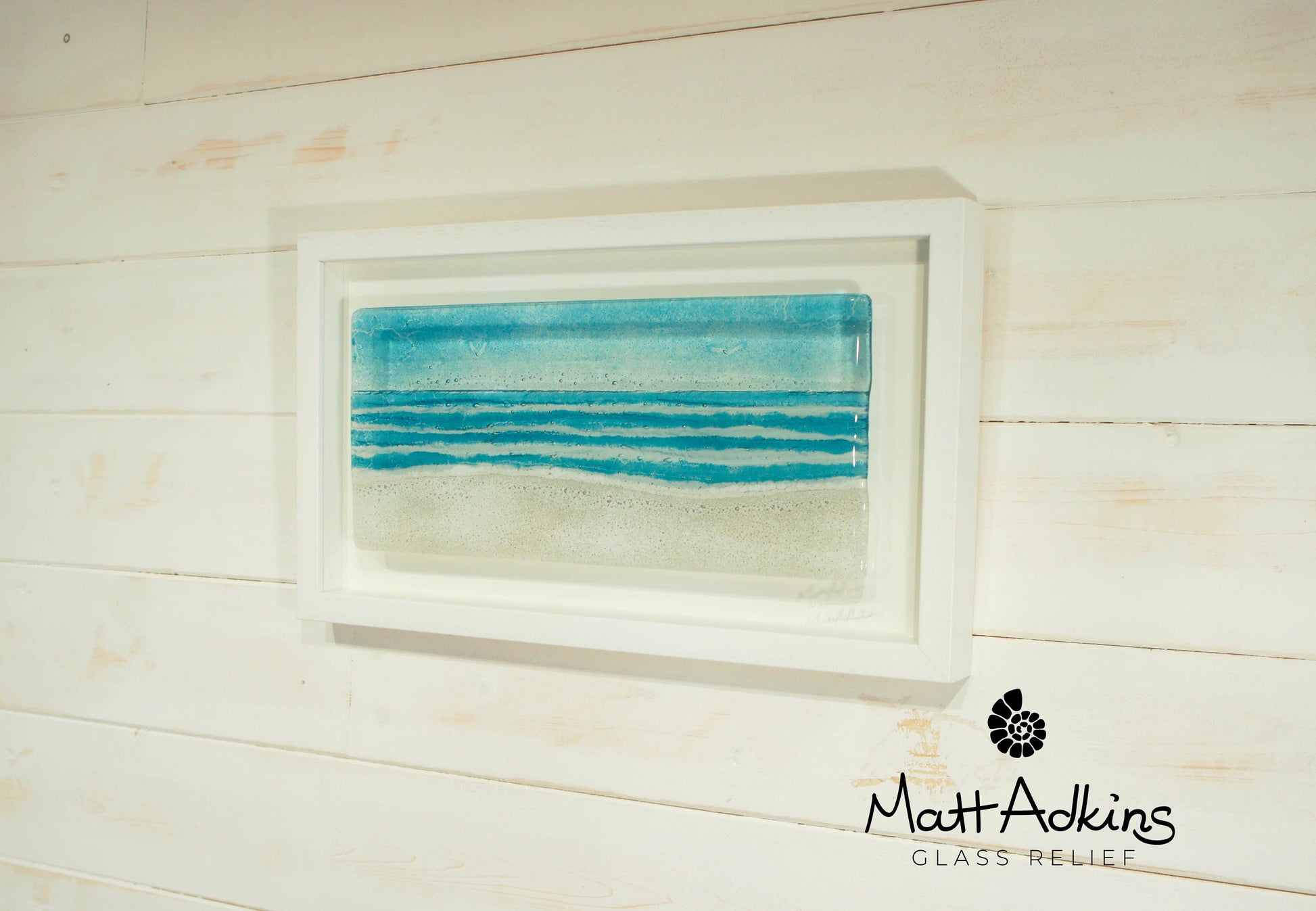 Large Landscape Beach Frame (45cmx25cm/18x10"), Panoramic Blue Beach Fused Glass Frame, Sea Glass Coastal Wall Art birds sky sand