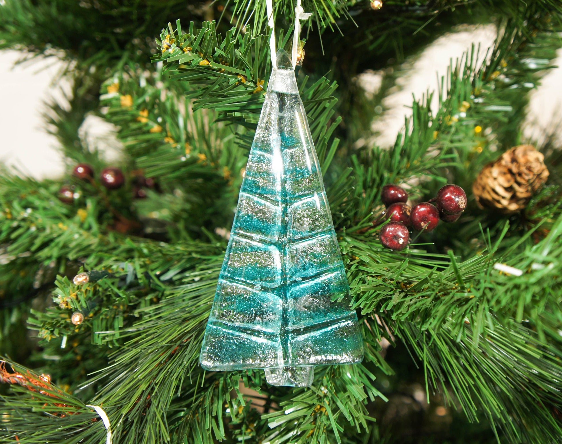 2 to 6 medium turquoise trees, teal hanging Christmas Decoration 12cm / 3 3/4" tall-glass tree Christmas decoration