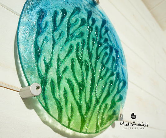 Coral Wall Art 29cm(11 1/2"), Lime Green Turquoise Blue Round Coral Reef Glass Wall Panel, Fused Glass Sculpture Porthole Abstract Wall Art
