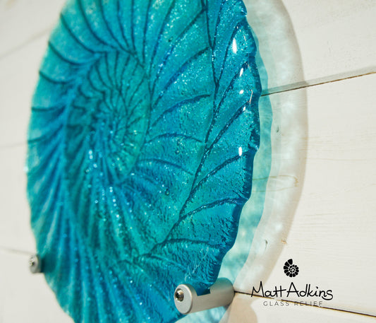 Round Ammonite Art 29cm(11 1/2"), Blue Teal Circle Ammonite Glass Wall Panel with 3 fixings, Wall Sculpture Fossil Nautilus Seashell Art