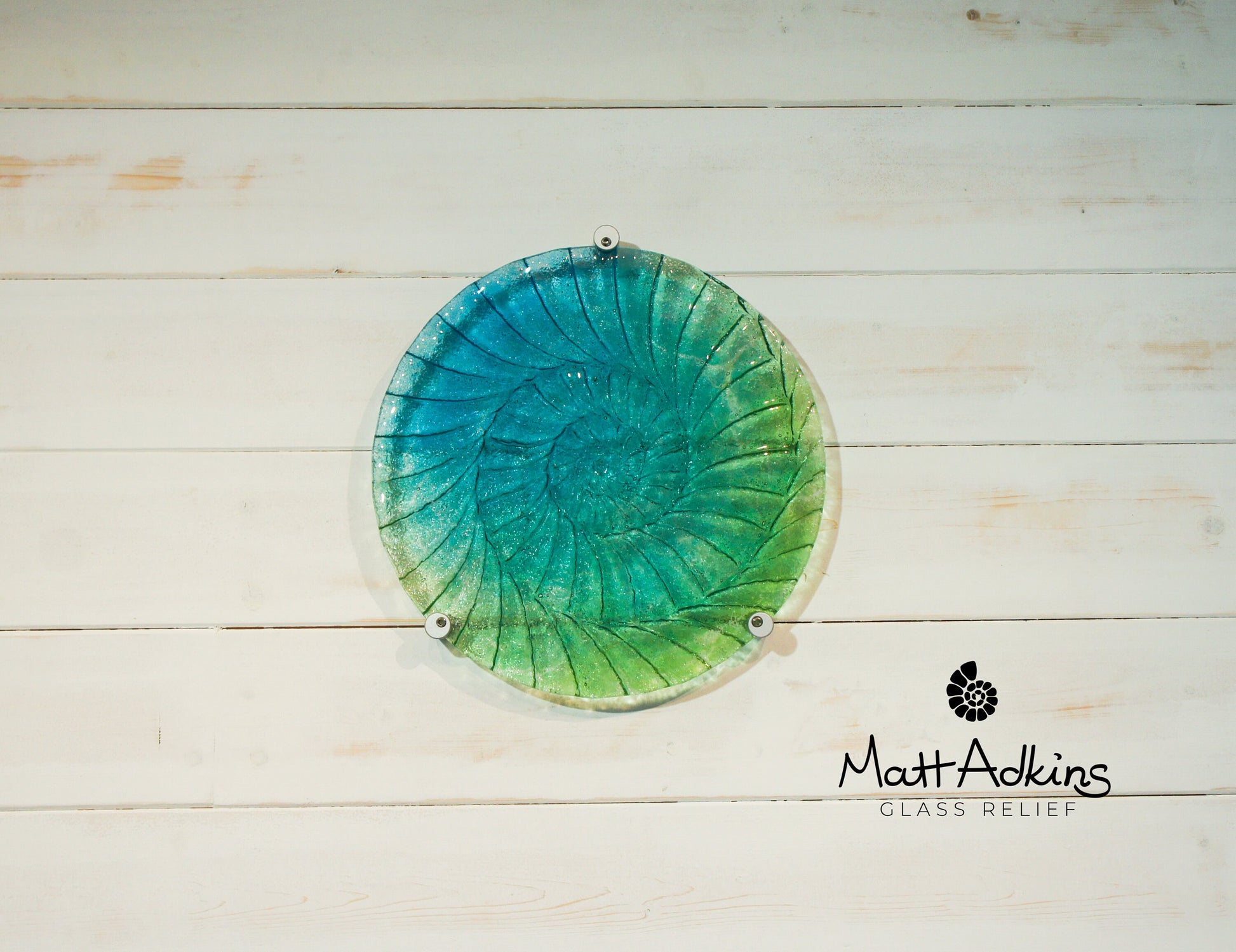 Round Ammonite Wall Art 29cm(11 1/2"), Blue Green Circle Ammonite Fused Glass Sculpture Wall Abstract Art, Fossil Nautilus Bathroom Decor