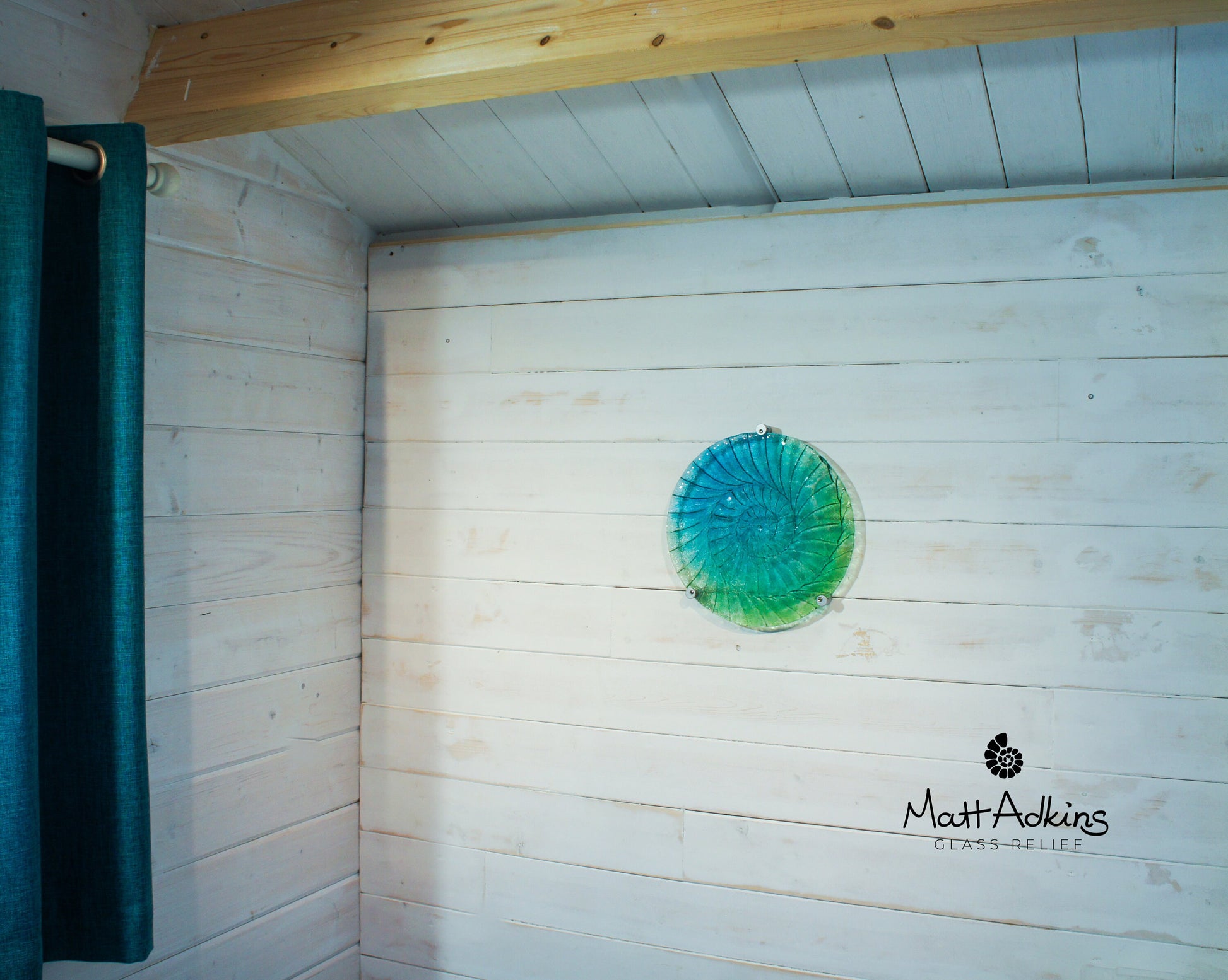 Round Ammonite Wall Art 29cm(11 1/2"), Blue Green Circle Ammonite Fused Glass Sculpture Wall Abstract Art, Fossil Nautilus Bathroom Decor