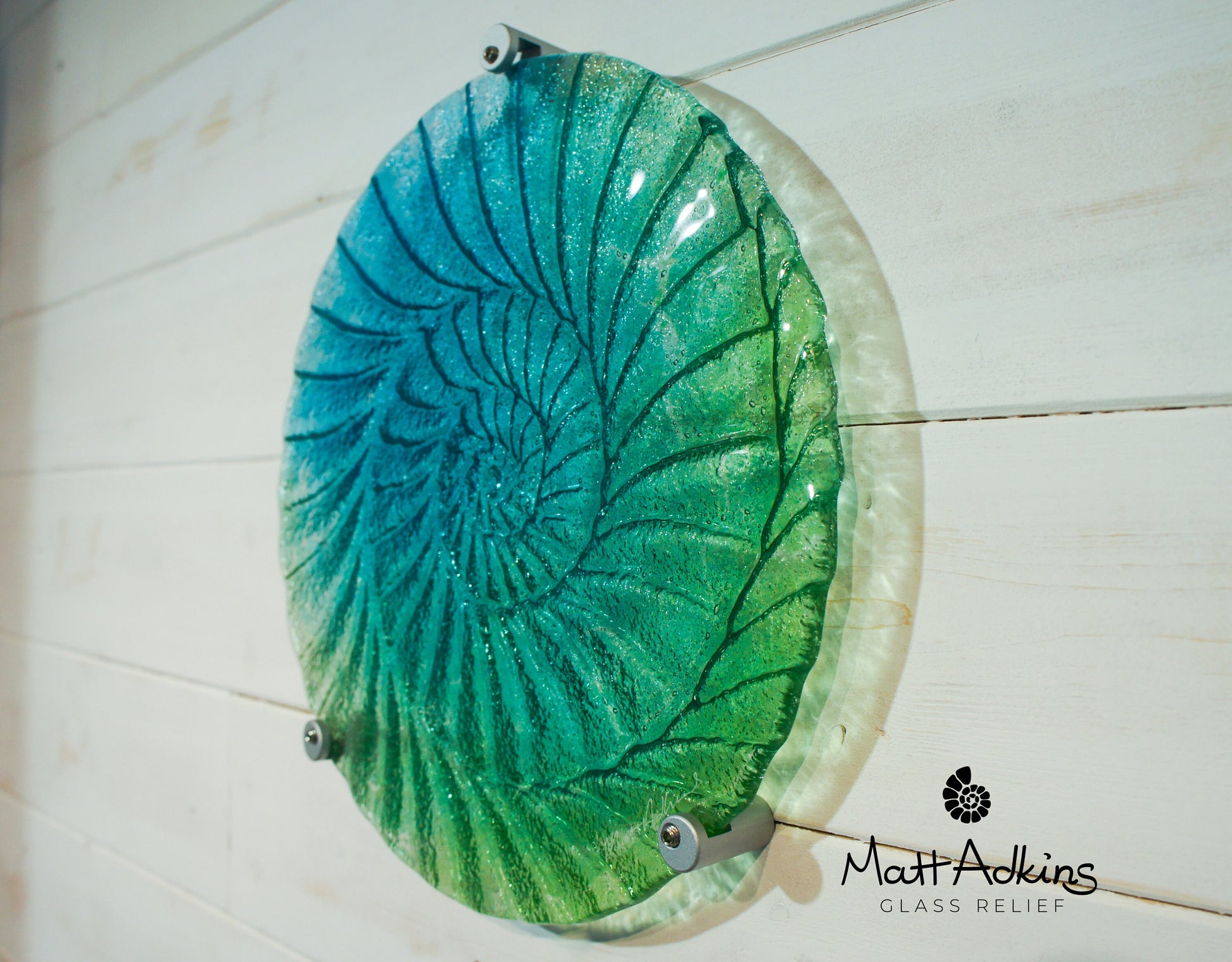 Round Ammonite Wall Art 29cm(11 1/2"), Blue Green Circle Ammonite Fused Glass Sculpture Wall Abstract Art, Fossil Nautilus Bathroom Decor