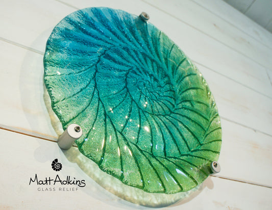 Round Ammonite Wall Art 29cm(11 1/2"), Blue Green Circle Ammonite Fused Glass Sculpture Wall Abstract Art, Fossil Nautilus Bathroom Decor