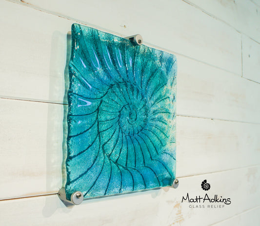 Glass Ammonite 22cm(9"), Turquoise Blue Teal Ammonite Glass Wall Panel with 3 fixings, Wave Sculpture Wall Art Fossil Nautilus Seashell
