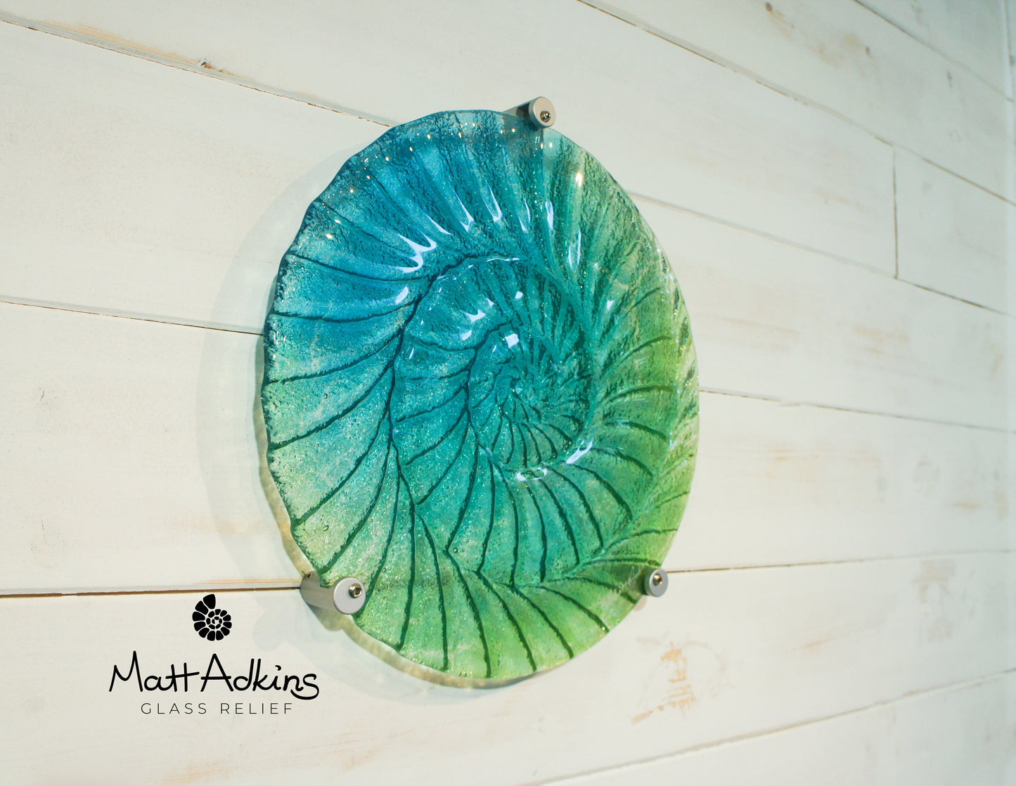 Round Ammonite Wall Art 29cm(11 1/2"), Blue Green Circle Ammonite Fused Glass Sculpture Wall Abstract Art, Fossil Nautilus Bathroom Decor
