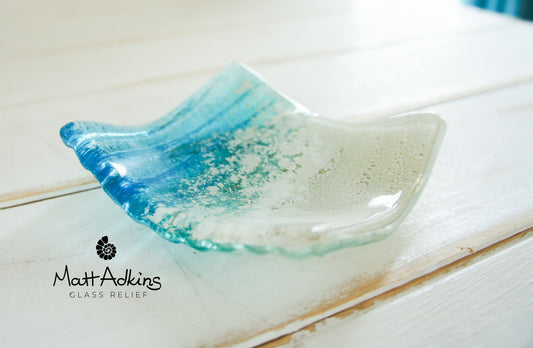 Sea Turquoise Blue handmade Ring Dish 10cm, fused glass trinket, coastal ring dish, fossil handmade dish, teal dish, seabed dish, ring holder, turquoise dish, coastal dish