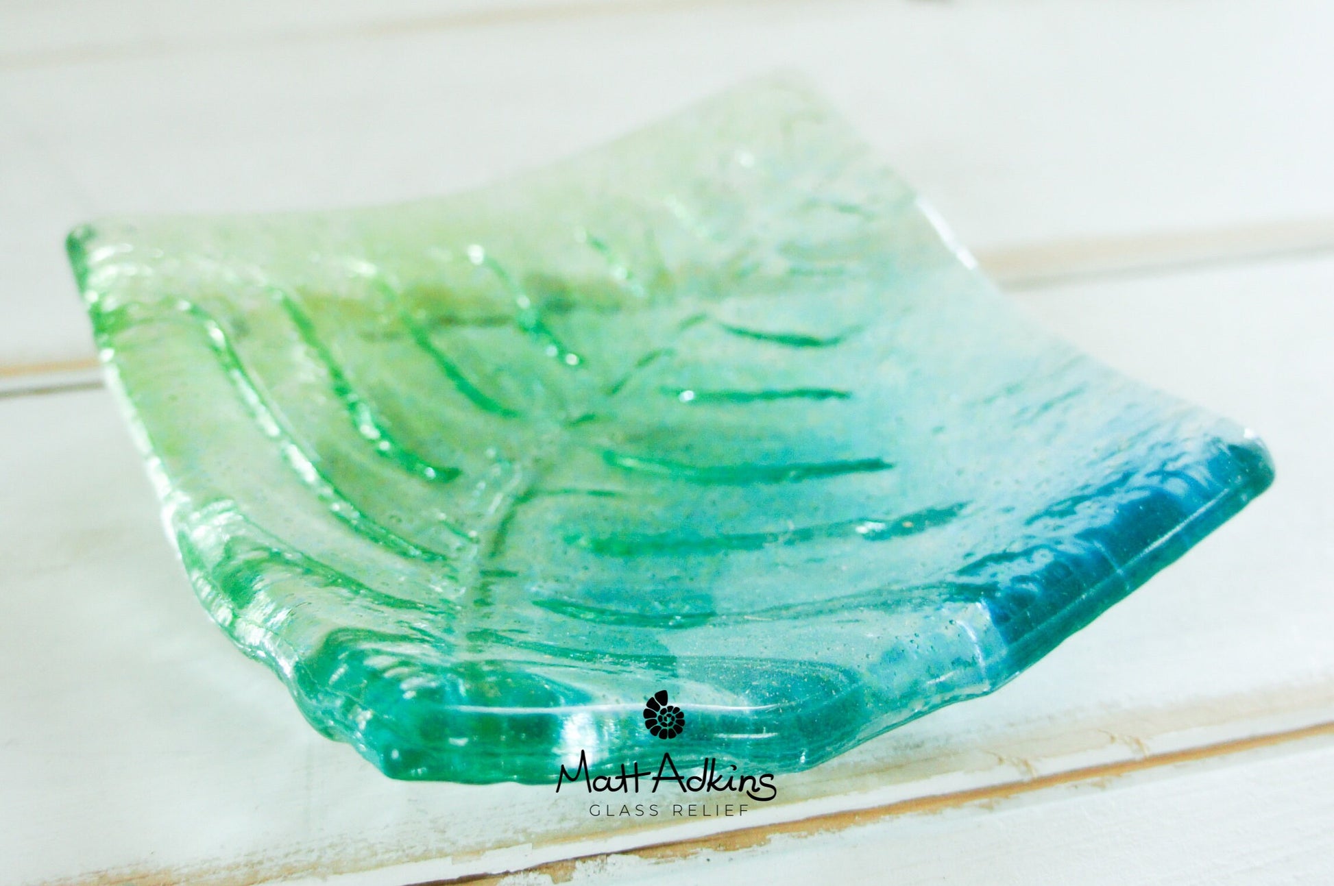 ring dish, candle holder, green trinket, glass teal dish, handmade fused glass leaf dish