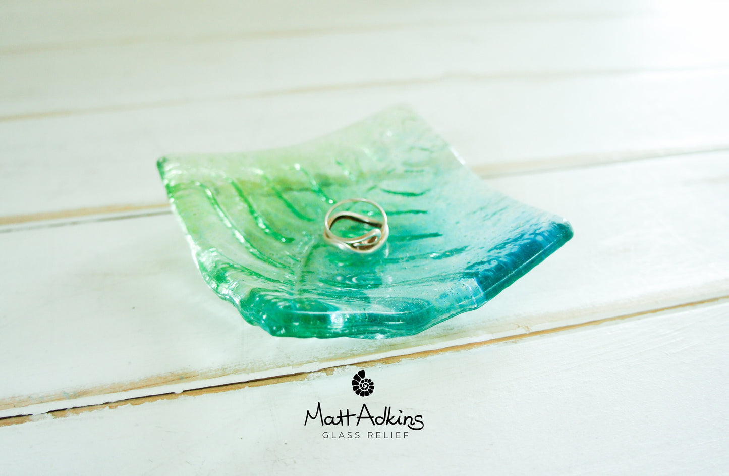 ring dish, candle holder, green trinket, glass teal dish, handmade fused glass leaf dish