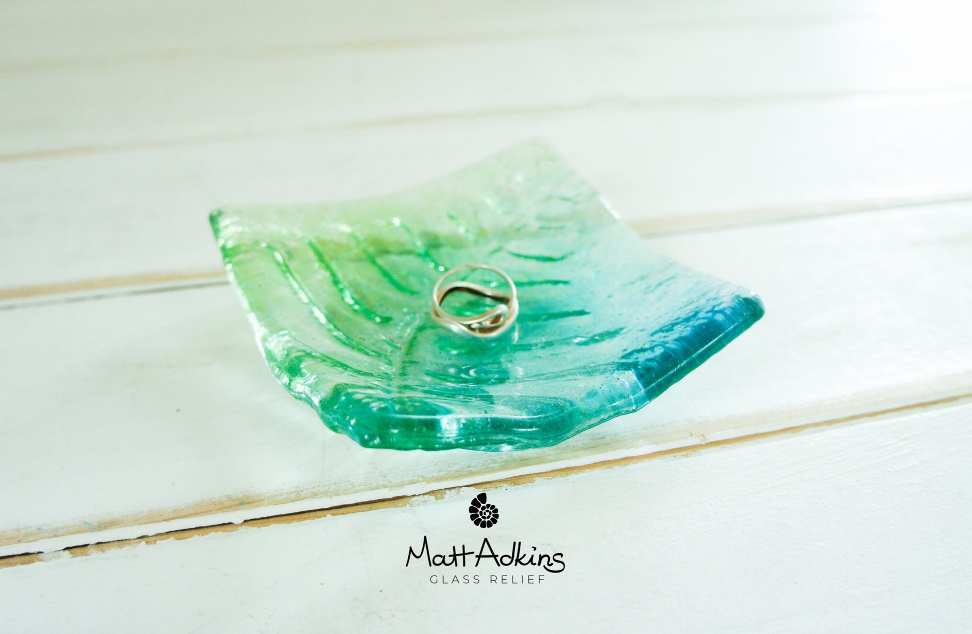 ring dish, candle holder, green trinket, glass teal dish, handmade fused glass leaf dish