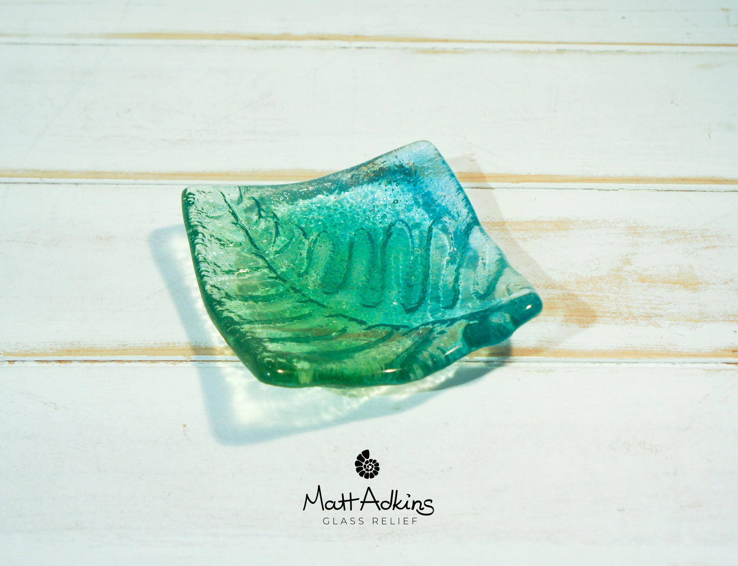 ring dish, candle holder, green trinket, glass teal dish, handmade fused glass leaf dish