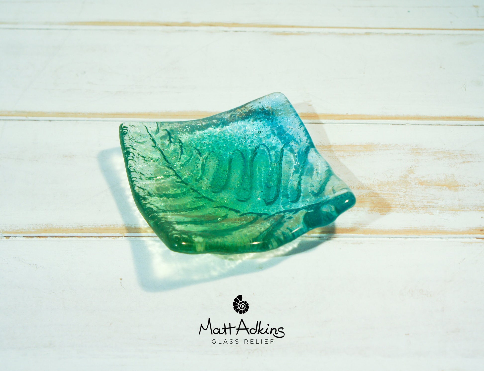 ring dish, candle holder, green trinket, glass teal dish, handmade fused glass leaf dish