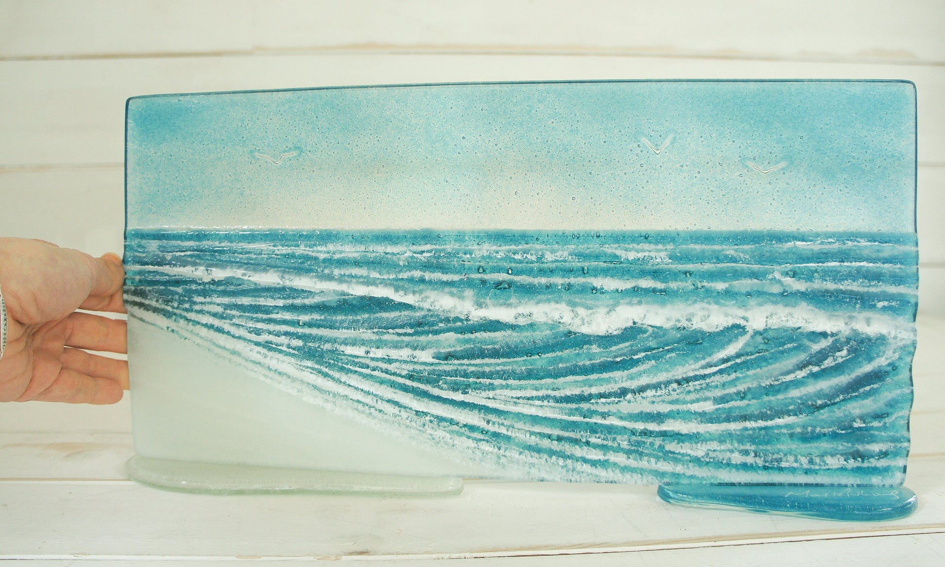 2 Wave Glass Art Stands 40x20cm(16x8") each, Wave Panels with and without Sun, Fused Glass Sea Art, Coastal Art, Ocean Glass Art Sculpture