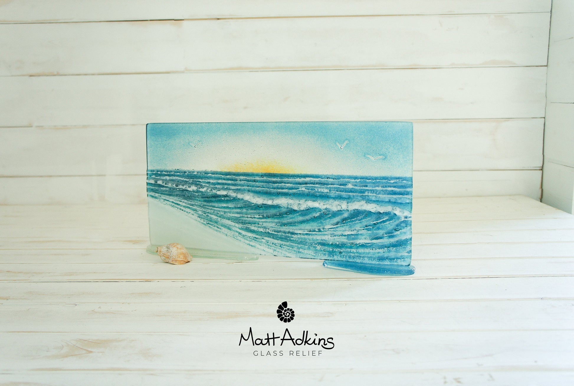Wave Glass Art Sun 40x20cm(16x8"), Turquoise Teal Wave Panel Stand Seagulls, Fused Glass Ocean, Fused Glass Art, Sea Glass Art