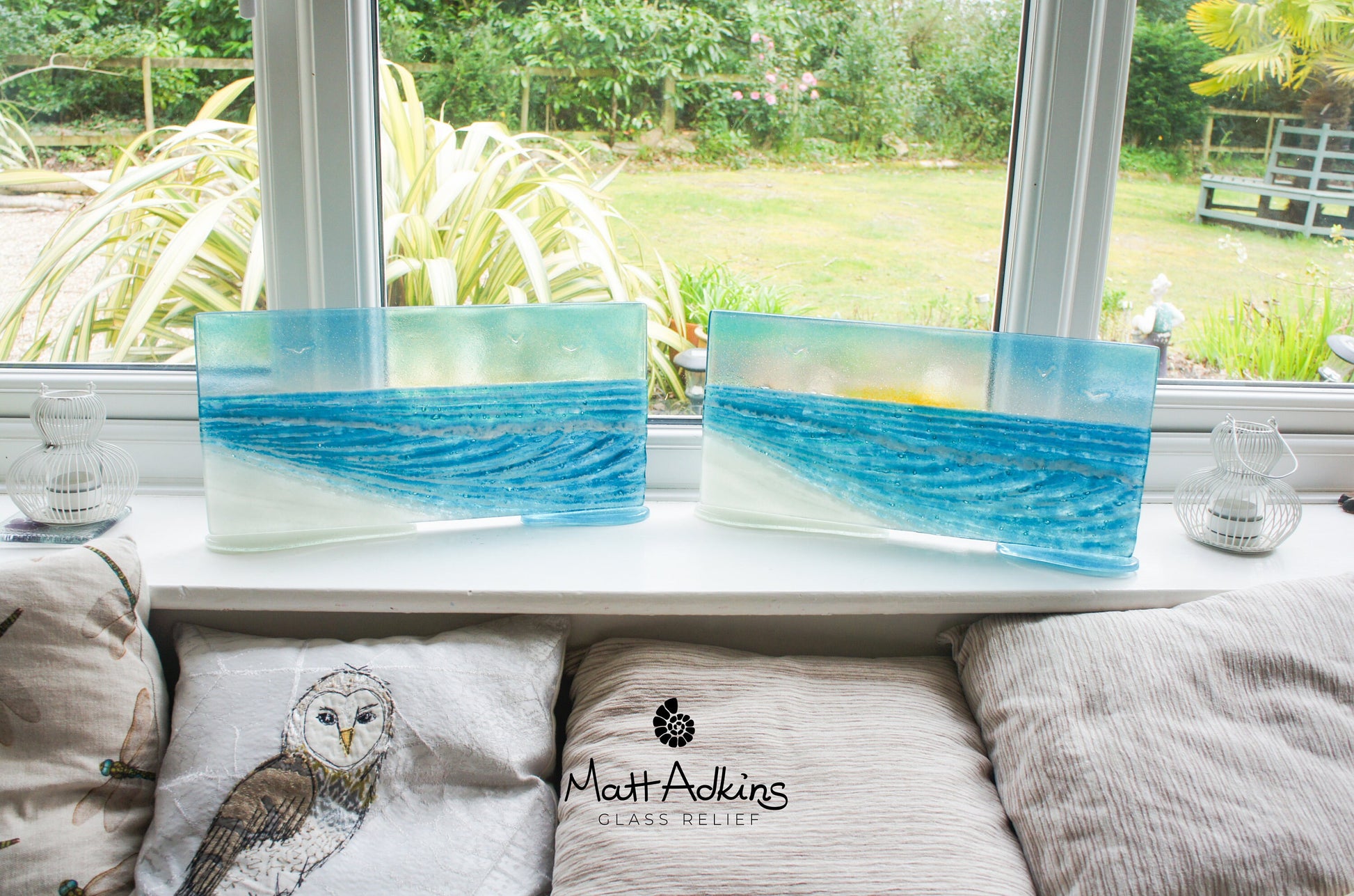 2 Wave Glass Art Stands 40x20cm(16x8") each, Wave Panels with and without Sun, Fused Glass Sea Art, Coastal Art, Ocean Glass Art Sculpture