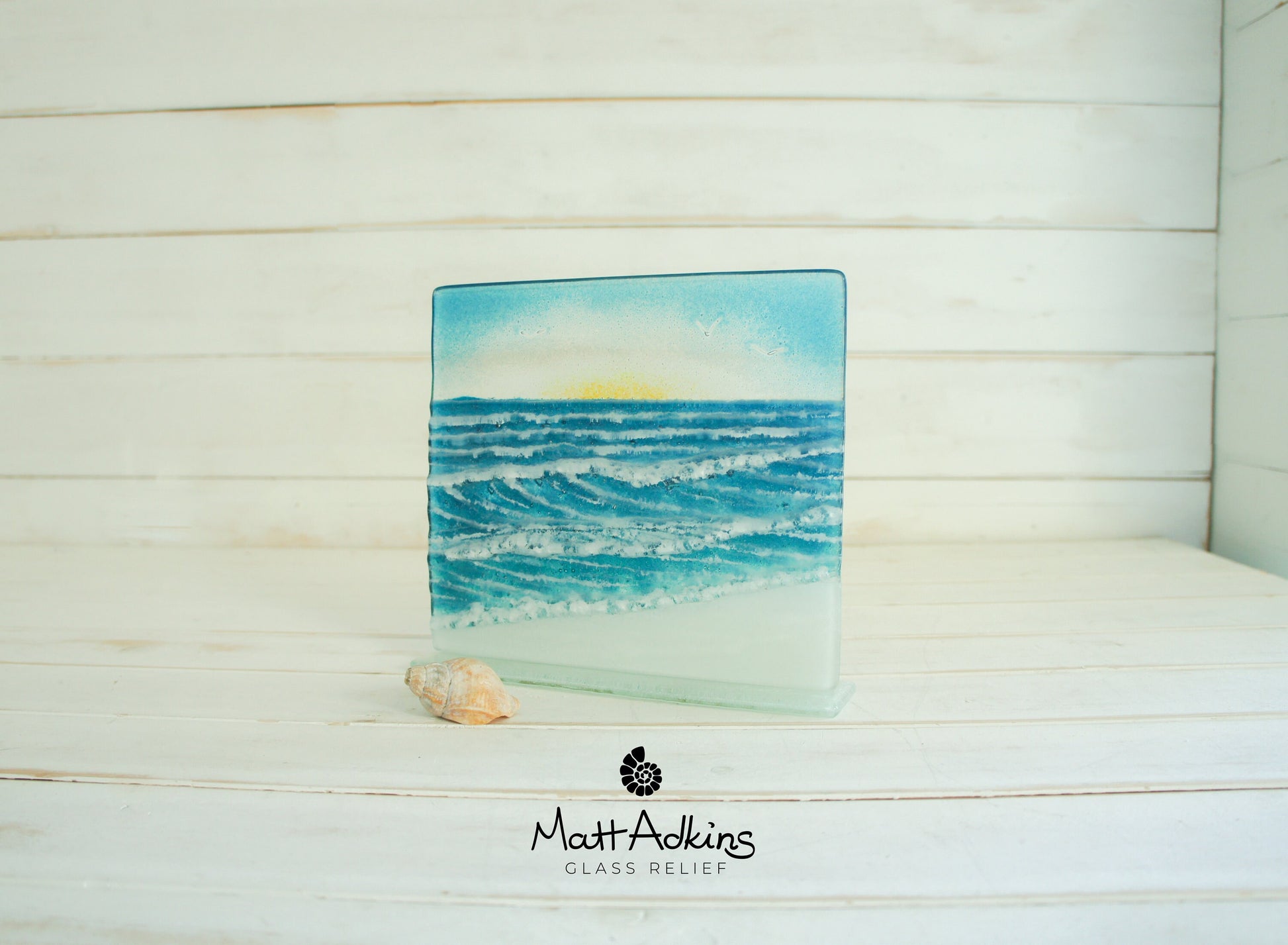 Square Wave Stand Sun 22x20cm(8 1/2x7 3/4"), Breaking Glass Wave, Teal Wave Sea Art, Fused Glass Art, Sea Glass Art, Wave Model 3 Sun