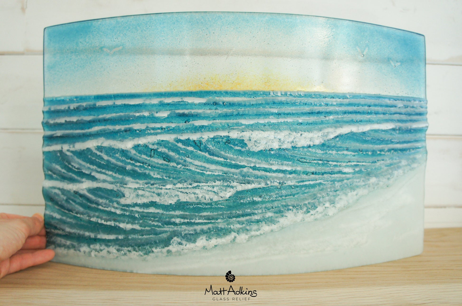 Glass Wave Stand Sun 44x26cm(17x10"), Teal Freestanding Wave Fused Glass Art, Breaking Wave, Ocean Coastal Seascape with birds Model 5