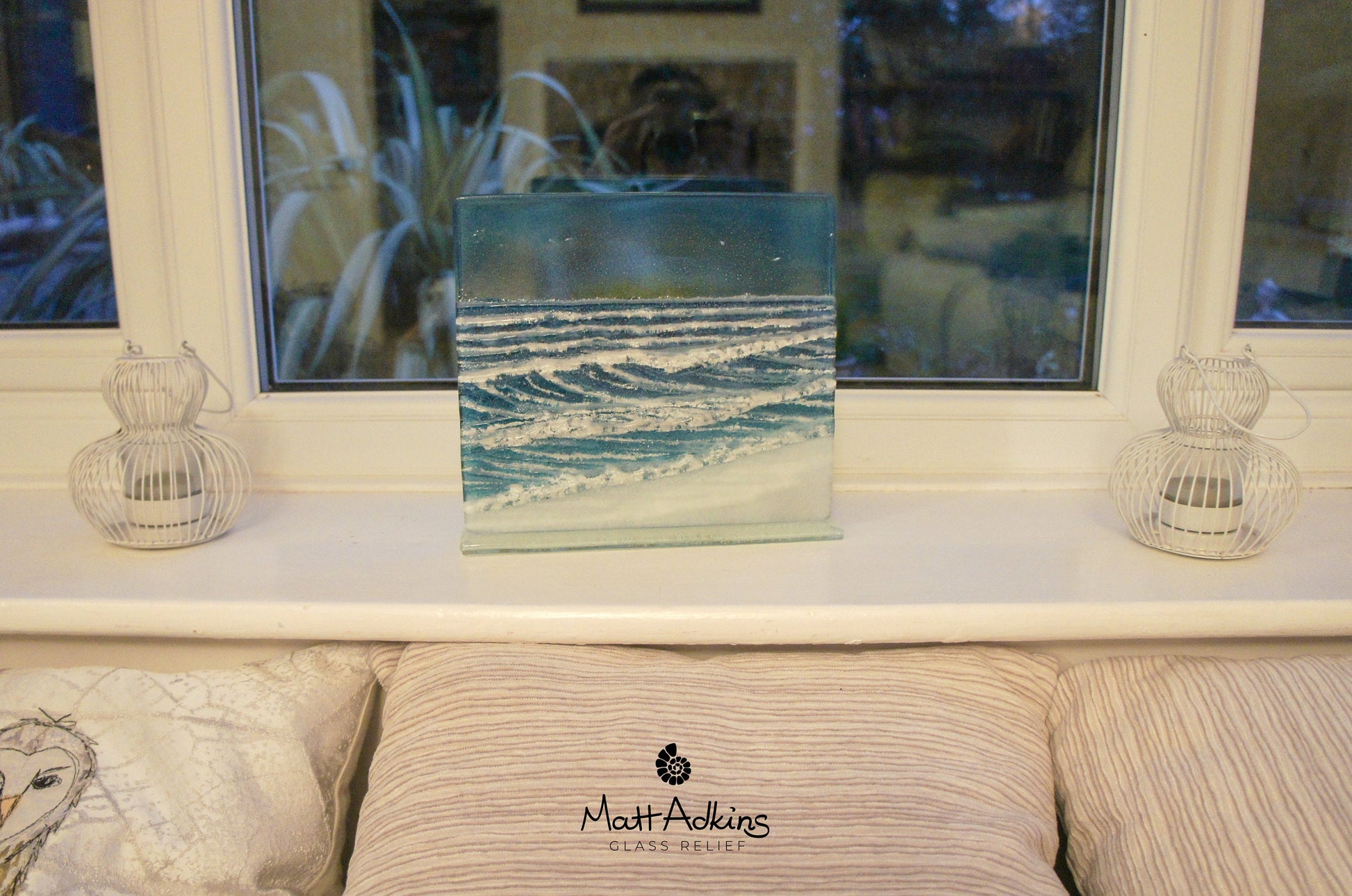 Square Wave Stand 22x20cm(8 1/2x7 3/4"), Wave Suncatcher, Teal Wave Freestanding Panel, Fused Glass Coastal Art, Wave Model 3