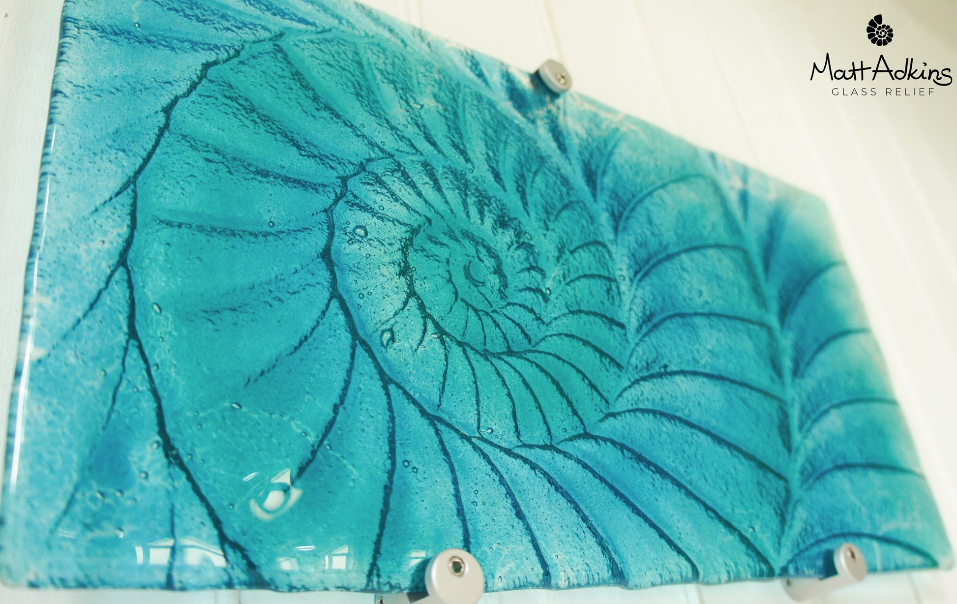 Ammonite Glass Art 42x22cm(16x9"), Turquoise Blue Swirl Landscape Ammonite Fused Glass Abstract Wall Art, Fossil Nautilus Seashell Panel Art
