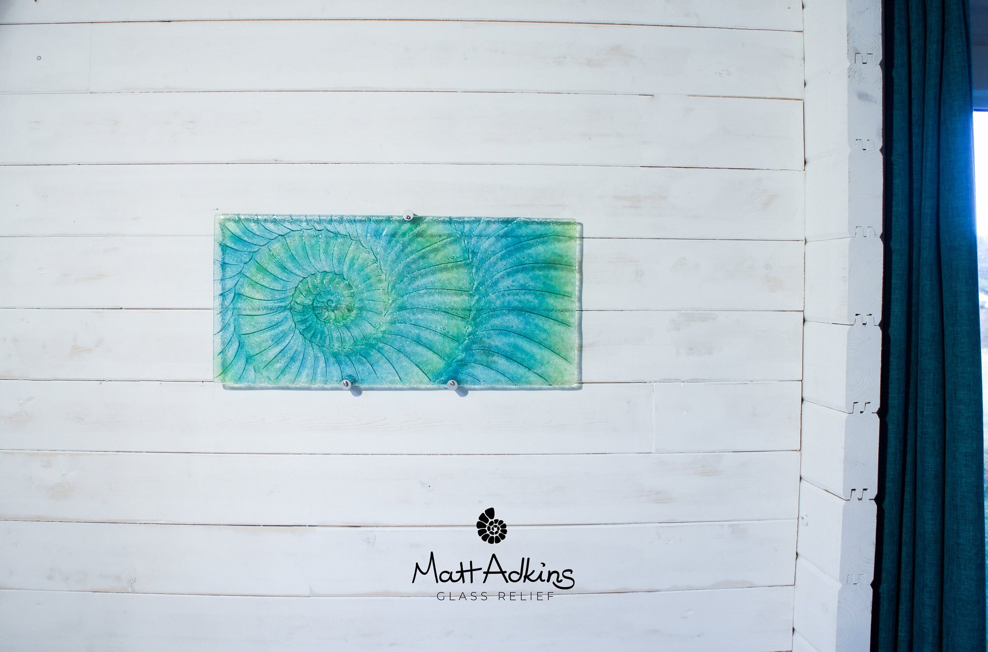Large Ammonite Glass Art 56x26cm(22x10"), Green Turquoise Blue Swirl Landscape Fossil Fused Glass Wall Sculpture, Nautilus Abstract Art