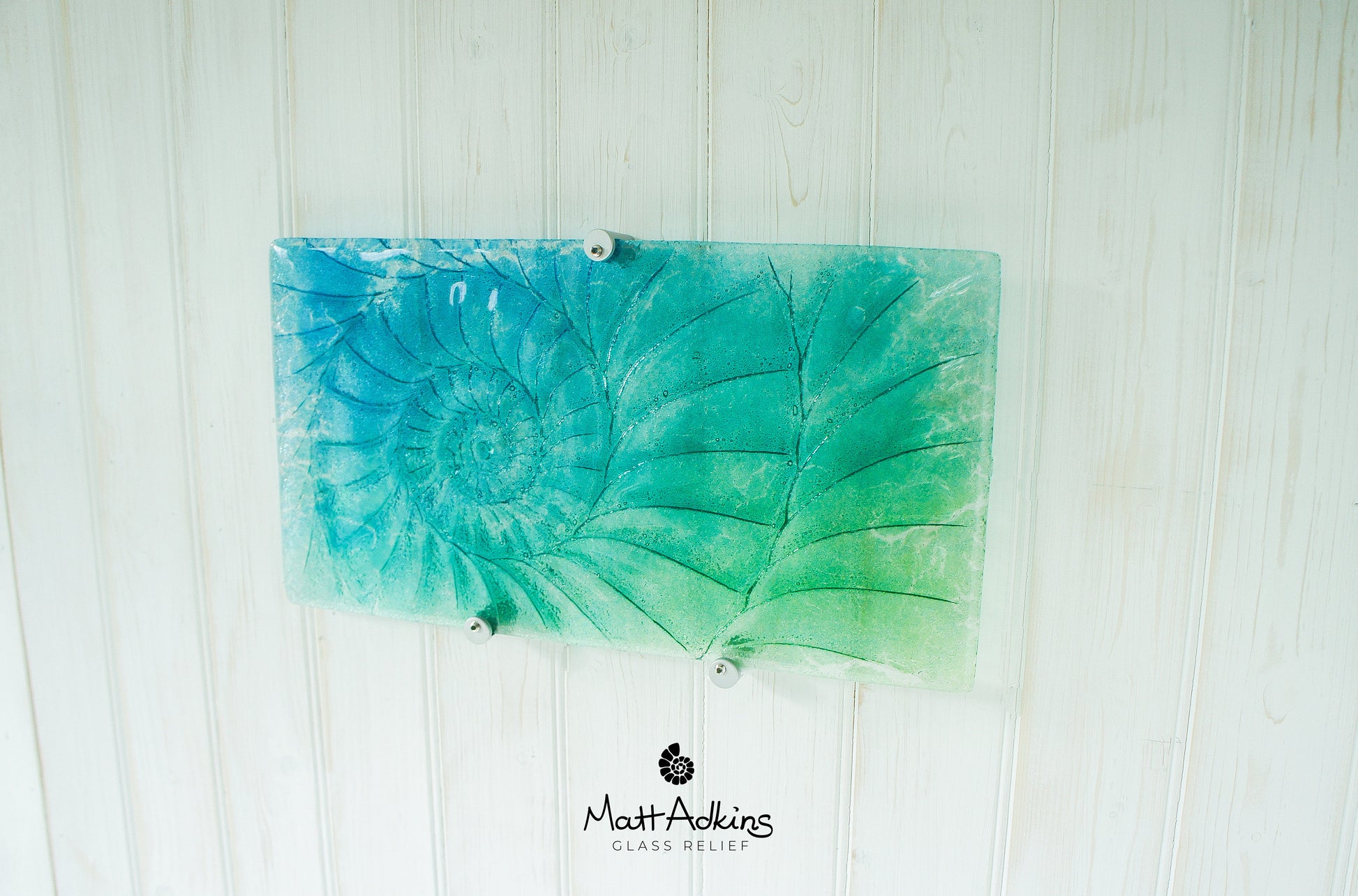 Ammonite Glass Art 42x22cm(16x9"), Blue Teal Green Landscape Ammonite Glass Sculpture Abstract Wall Art, Fossil Nautilus Seashell Picture