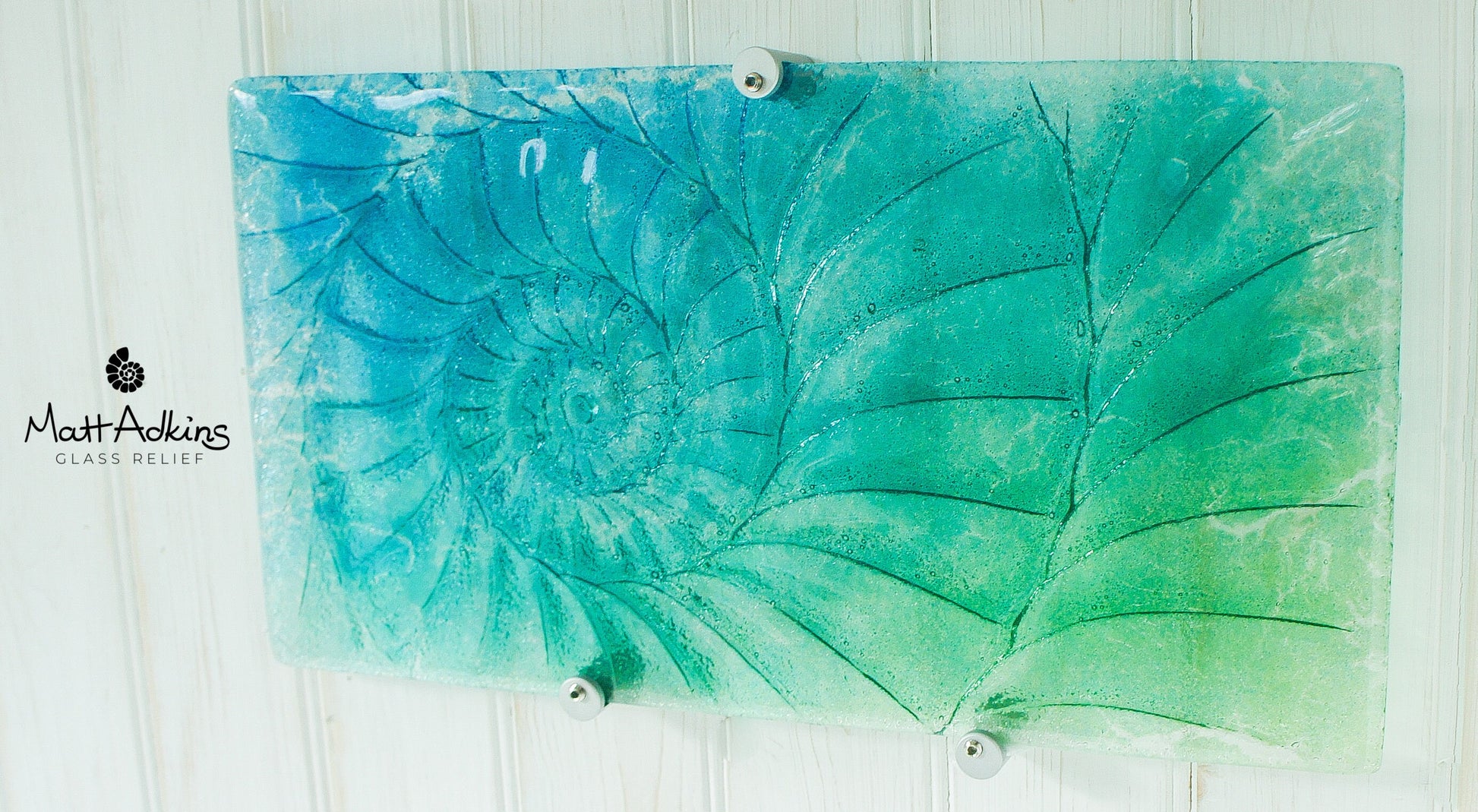Ammonite Glass Art 42x22cm(16x9"), Blue Teal Green Landscape Ammonite Glass Sculpture Abstract Wall Art, Fossil Nautilus Seashell Picture