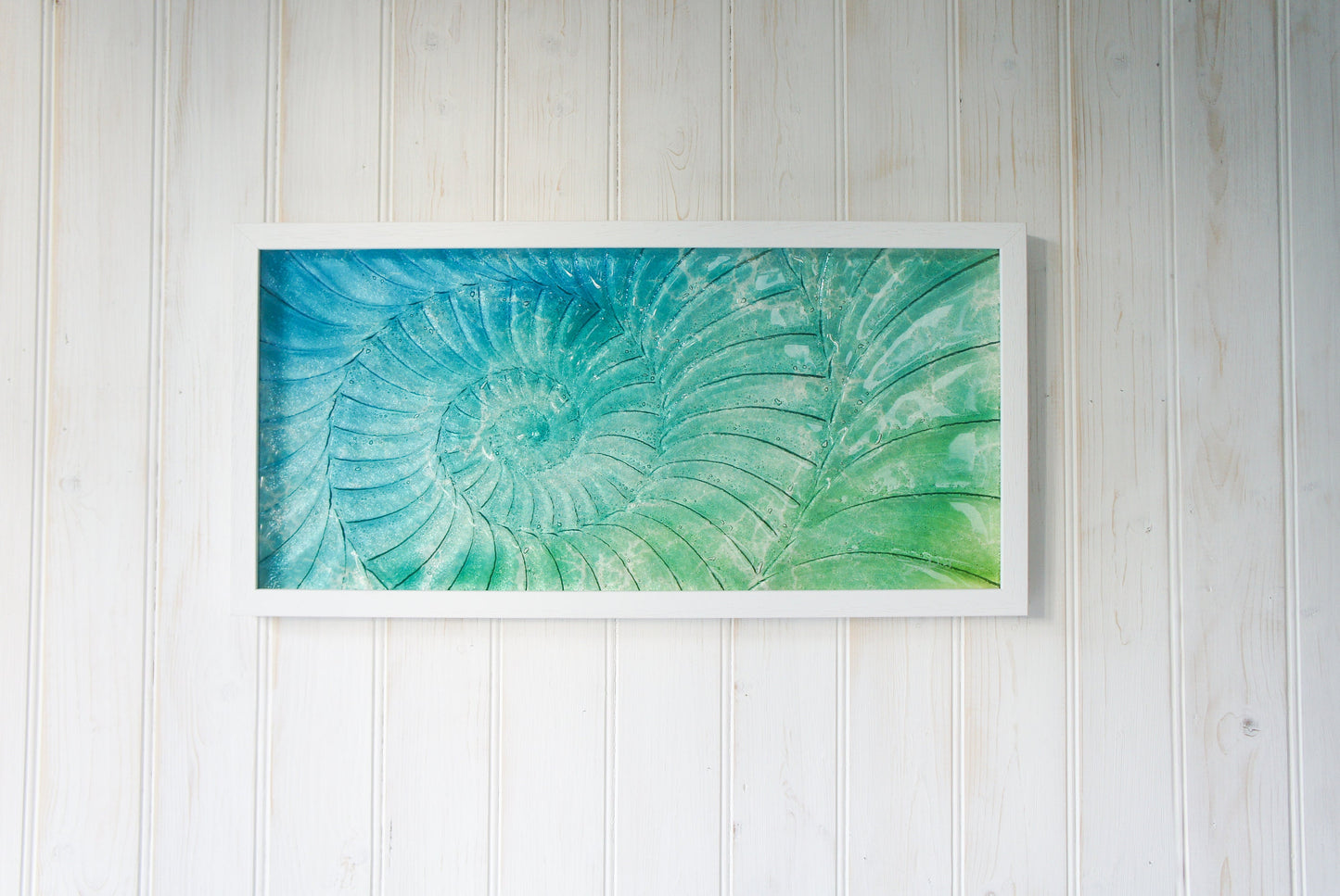 Glass Ammonite Frame 45x25cm (17x10"), Lime Green Turquoise Blue Landscape Frame Wall Art, Ammonite Fossil Nautilus, Glass Framed Picture