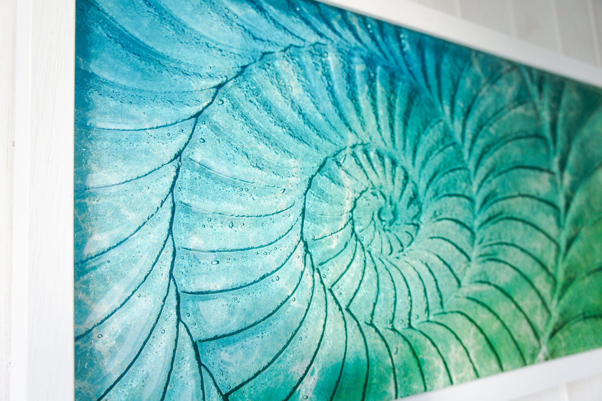 Glass Ammonite Frame 45x25cm (17x10"), Lime Green Turquoise Blue Landscape Frame Wall Art, Ammonite Fossil Nautilus, Glass Framed Picture