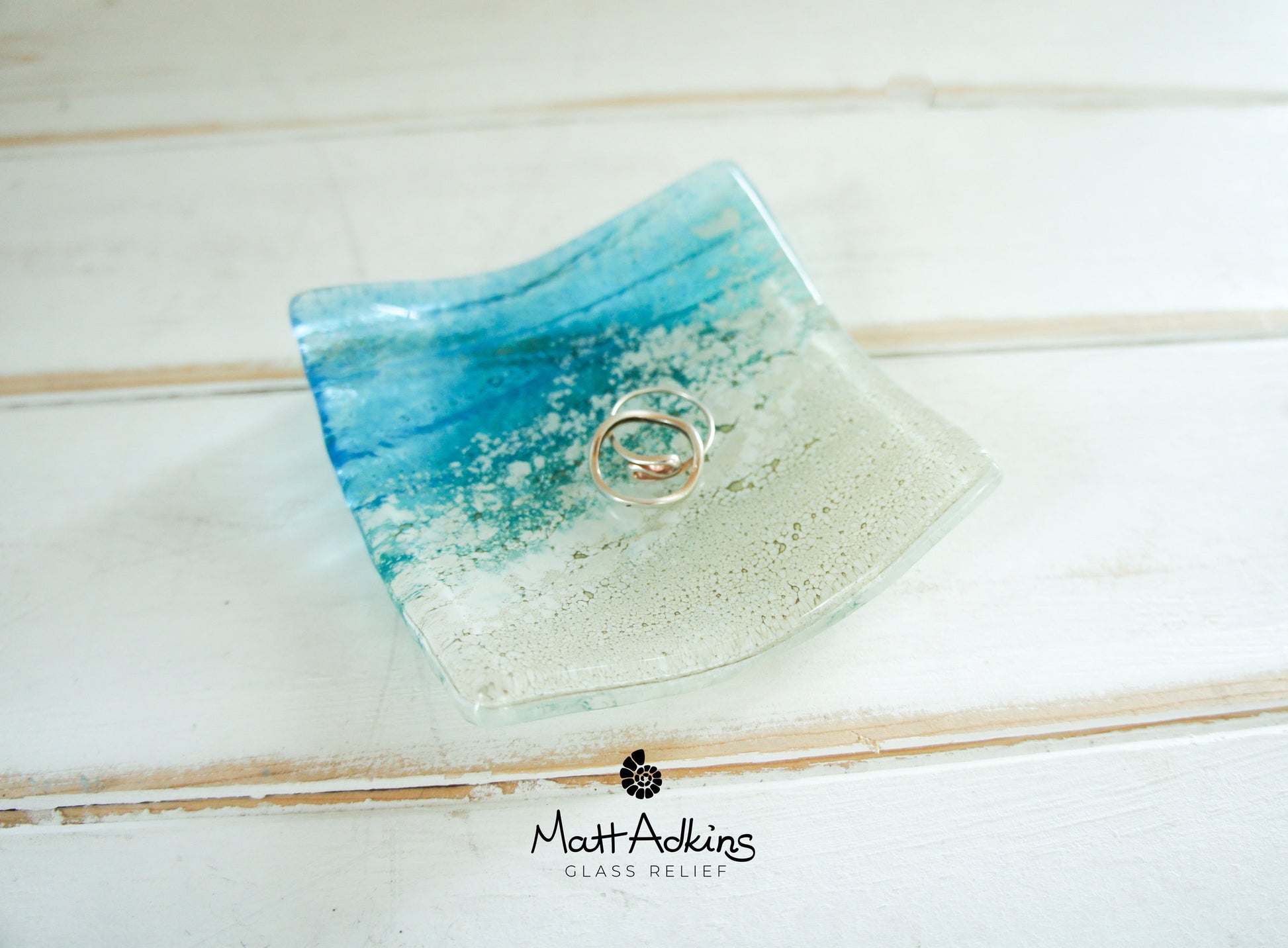 Sea Turquoise Blue handmade Ring Dish 10cm, fused glass trinket, coastal ring dish, fossil handmade dish, teal dish, seabed dish, ring holder, turquoise dish, coastal dish