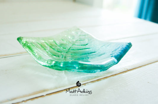 ring dish, candle holder, green trinket, glass teal dish, handmade fused glass leaf dish